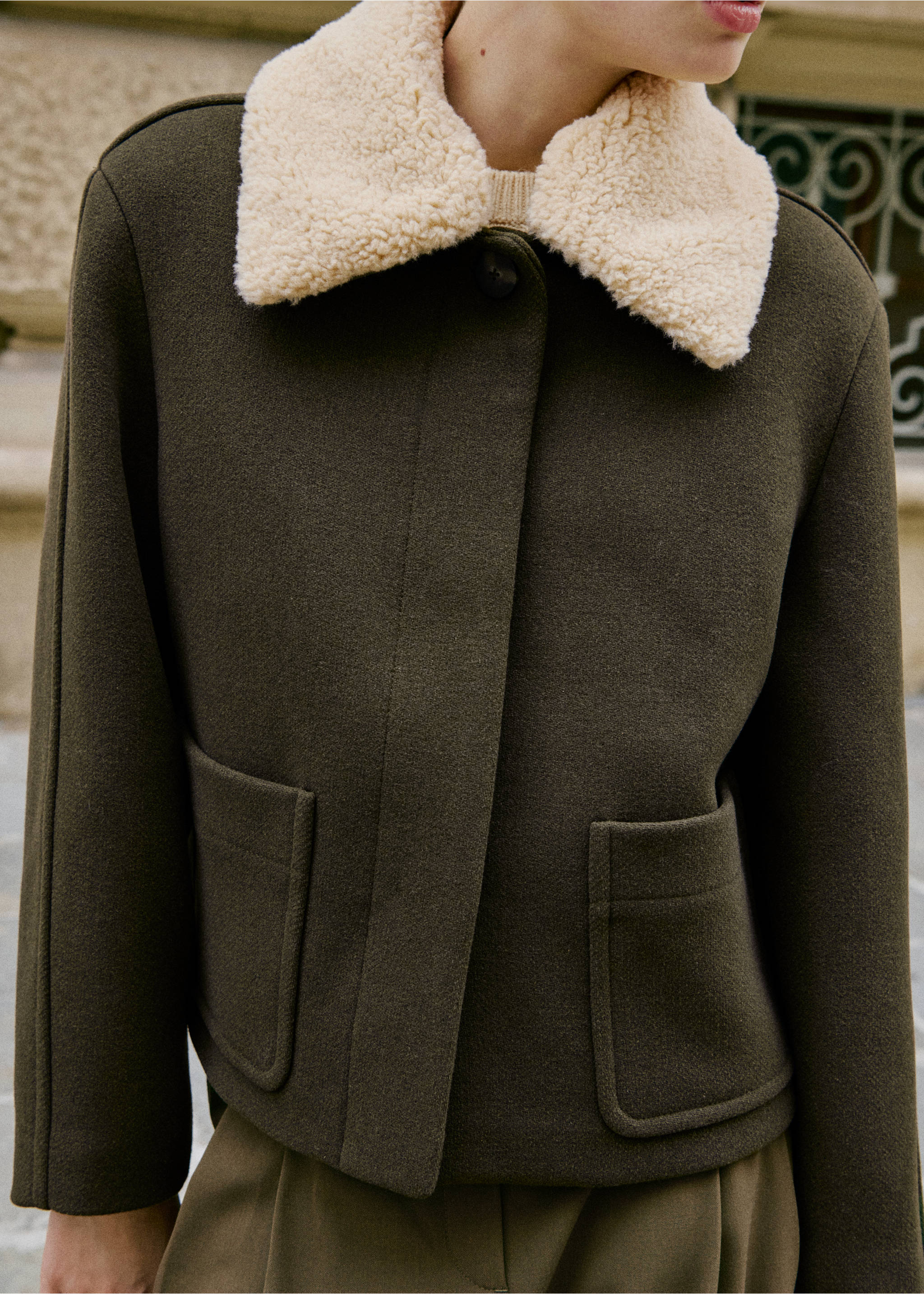 Olive green jacket with a contrasting cream-coloured faux-shearling collar and patch pockets., Khaki. Ref: 17076735-00.