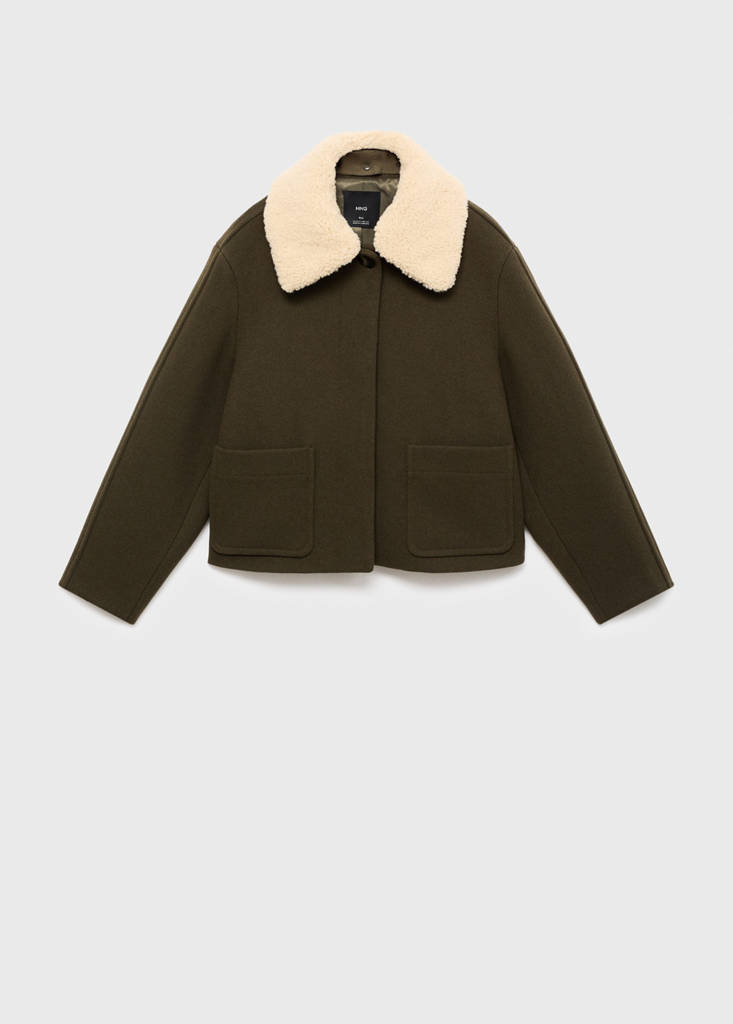 Wool-blend jacket with shearling-blend collar — Khaki