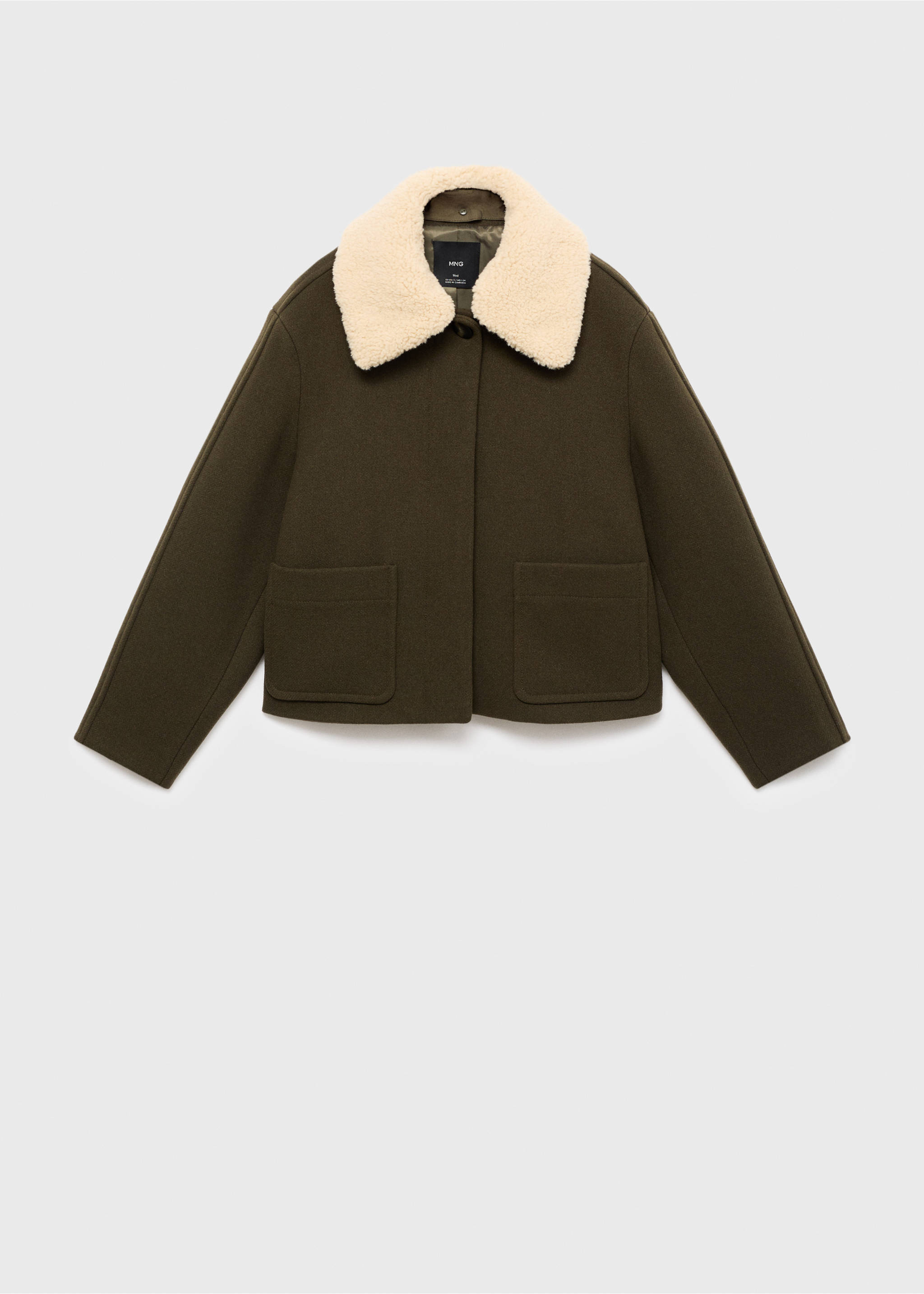 Olive green cropped jacket with a cream fluffy collar and front pockets., Khaki. Ref: 17076735-00.