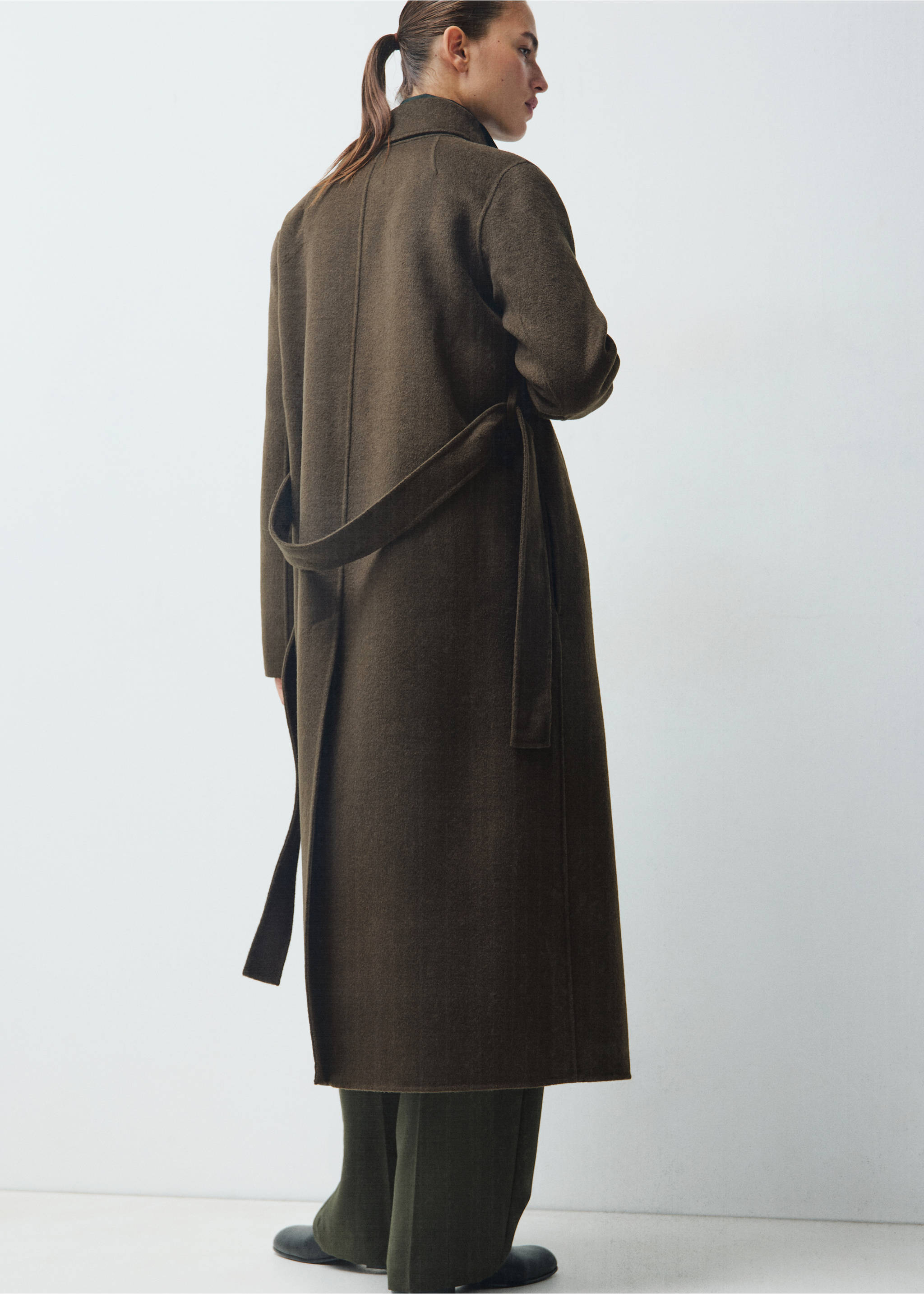 Manteau laine fait à la main ceinture - Verso de l’article, Kaki. Ref: 17077137-00.