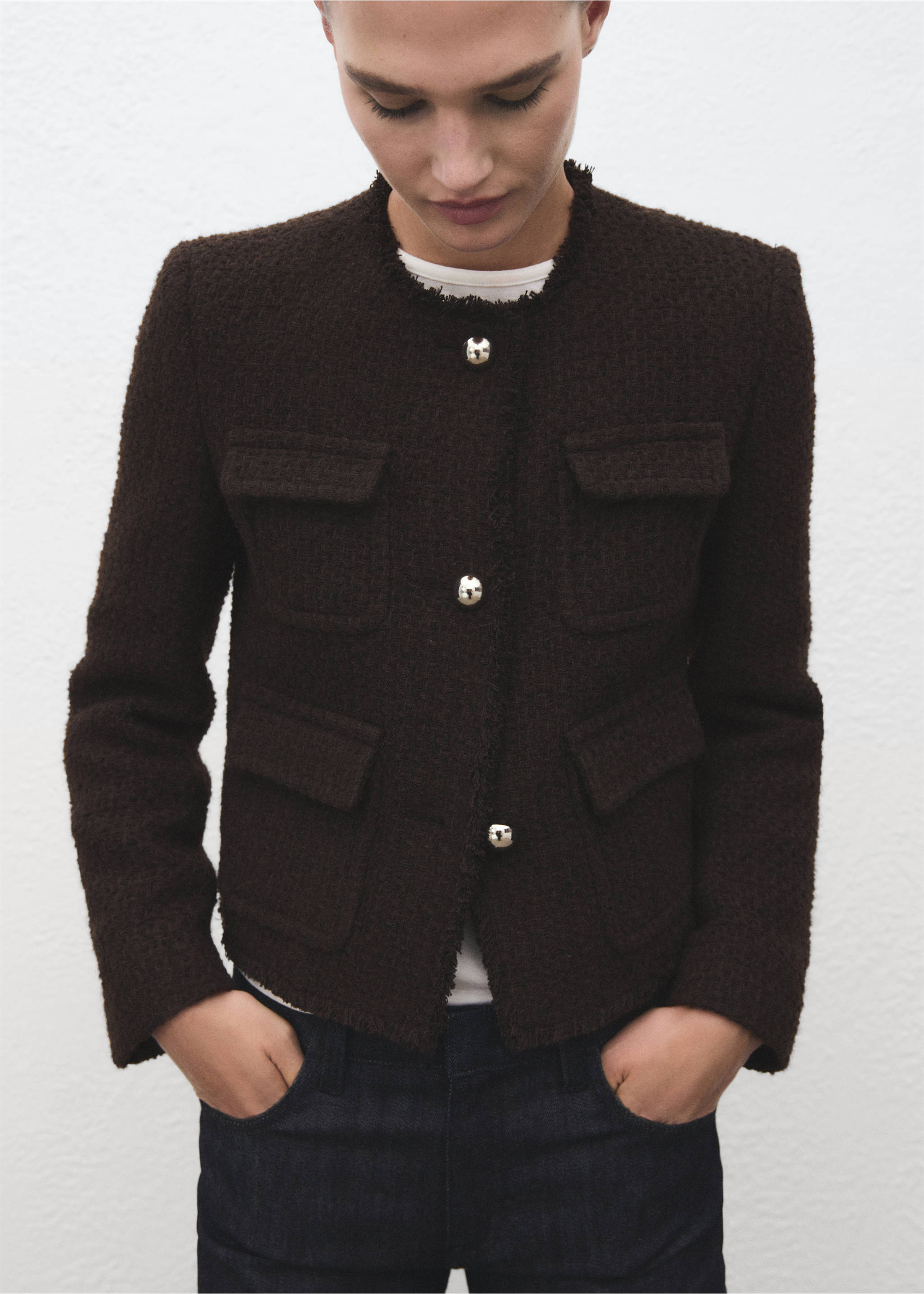 Veste tweed bords effilochés - Détail de l'article 6, Marron. Ref: 17077140-00.