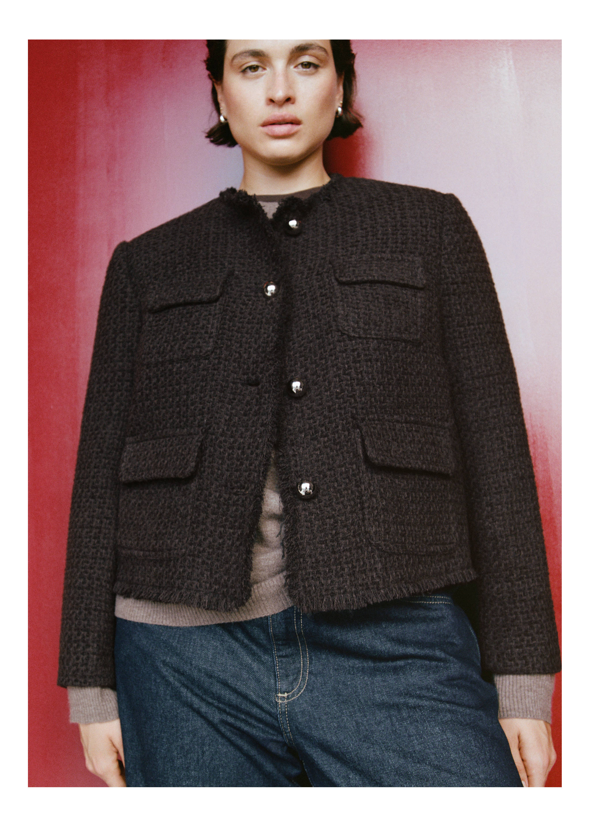 Veste tweed bords effilochés - Détail de l'article 7, Marron. Ref: 17077140-00.