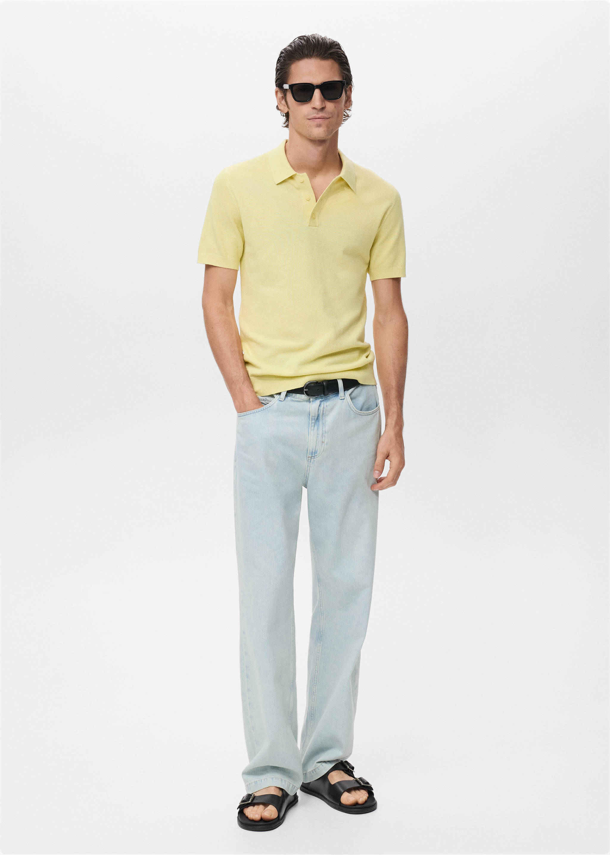 Поло slim fit из трикотажа со структурой - Общий план, Желтый неон. Ref: 17077761-00.