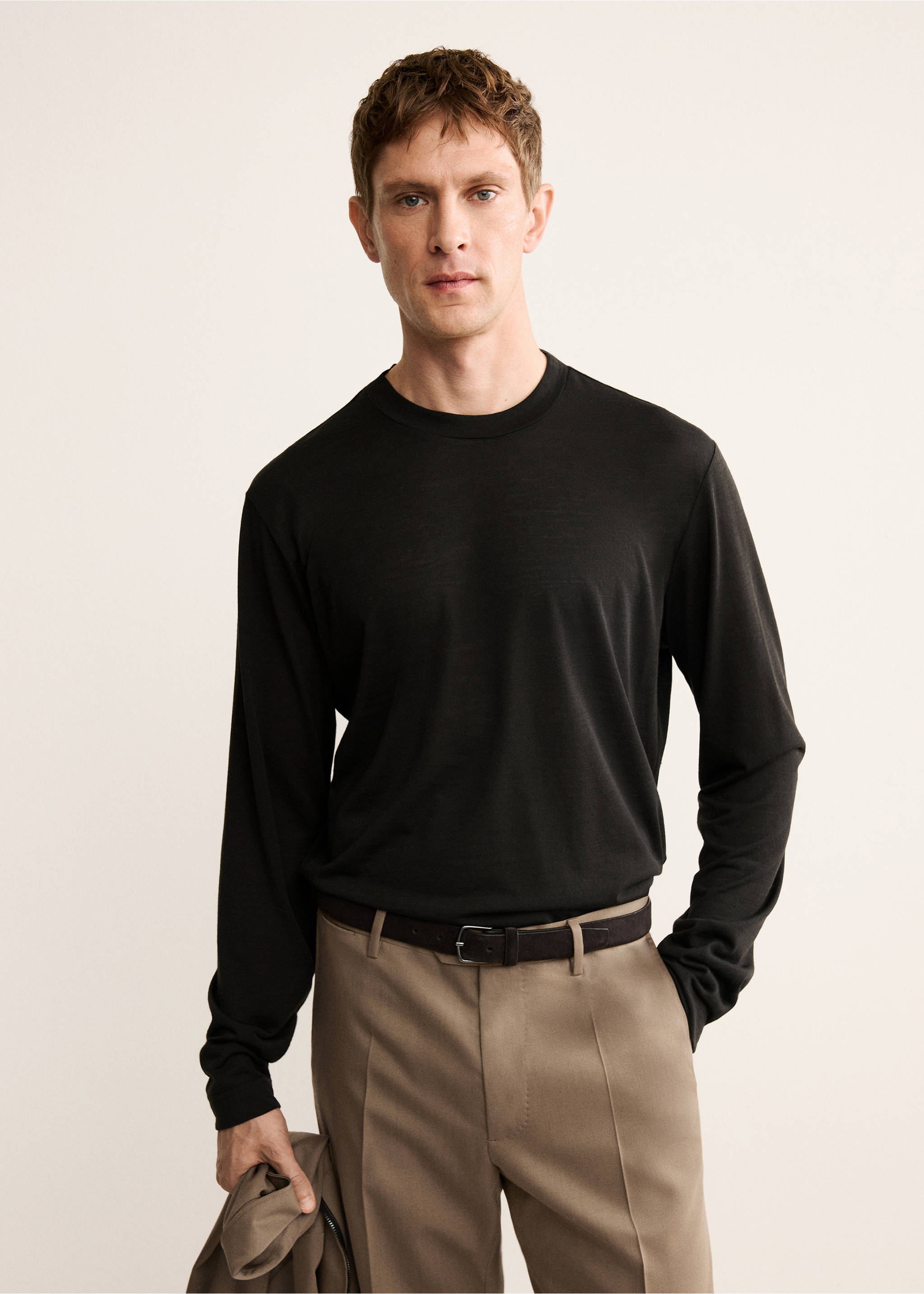 Camiseta mezcla lana slim fit - Plano medio, Marrón. Ref: 17077897-00.