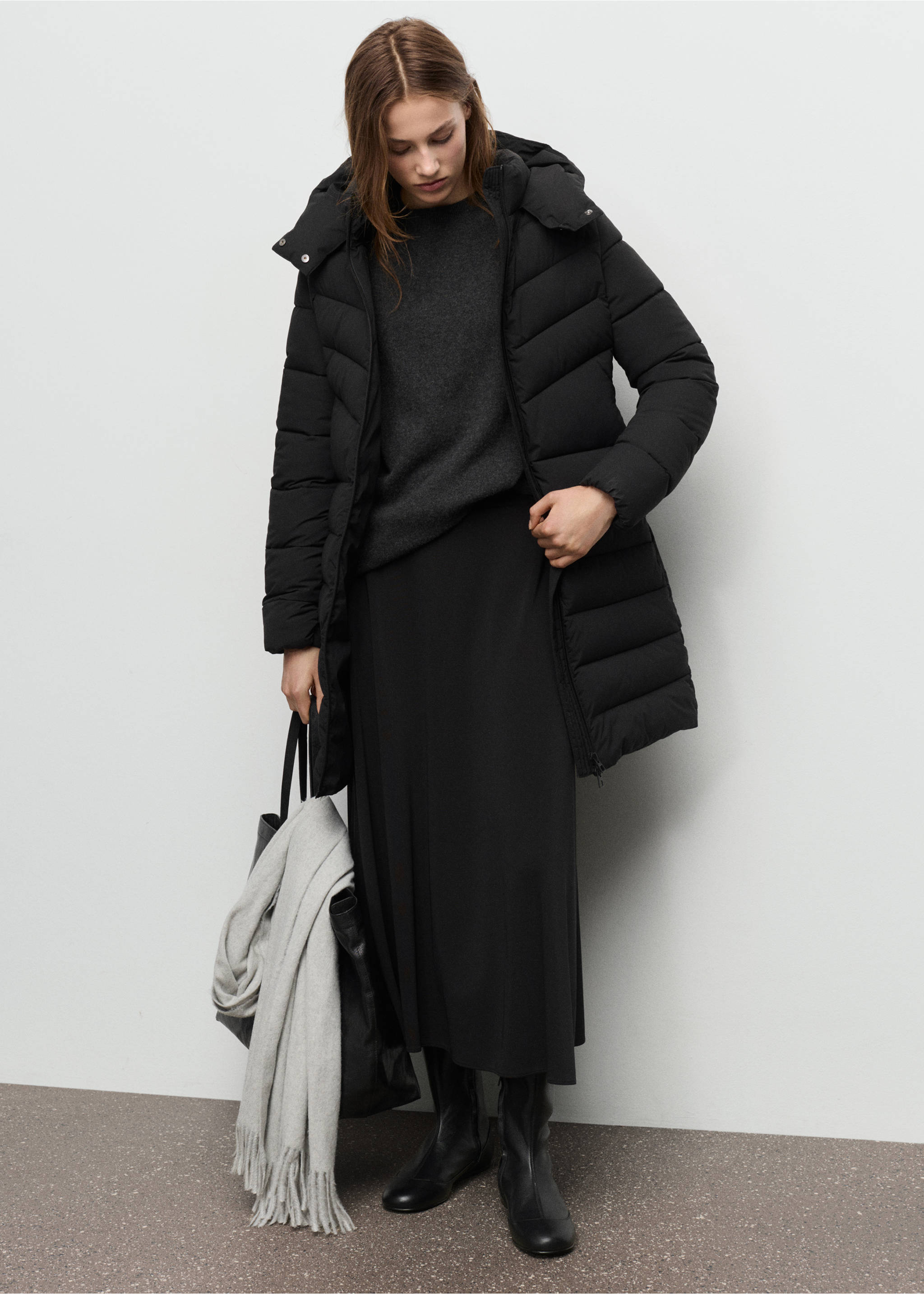 Anorak midi matelassé capuche - Plan général, Noir. Ref: 17078264-00.