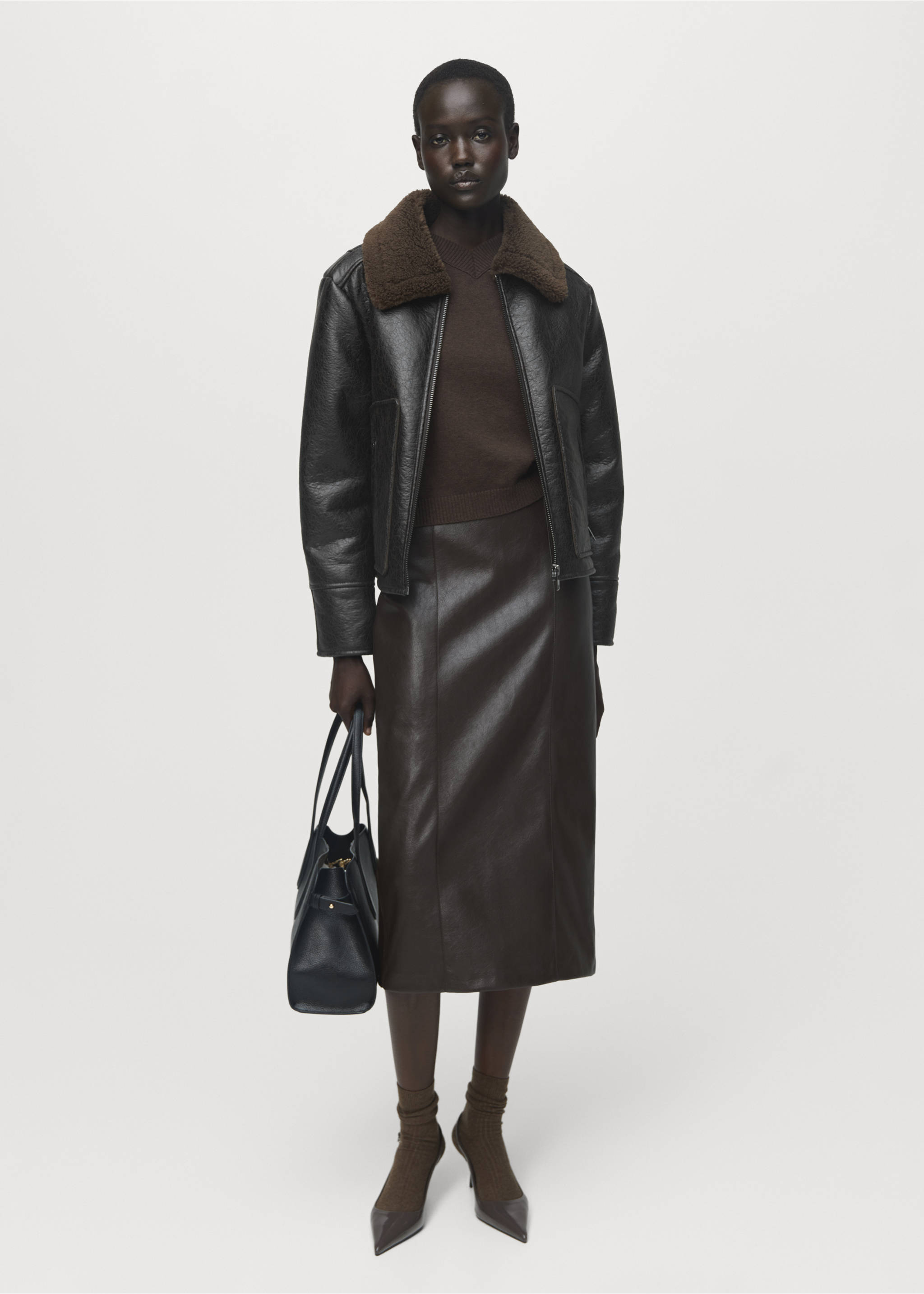 Faux-leather jacket with shearling collar - General plane, Black. Ref: 17078268-00.