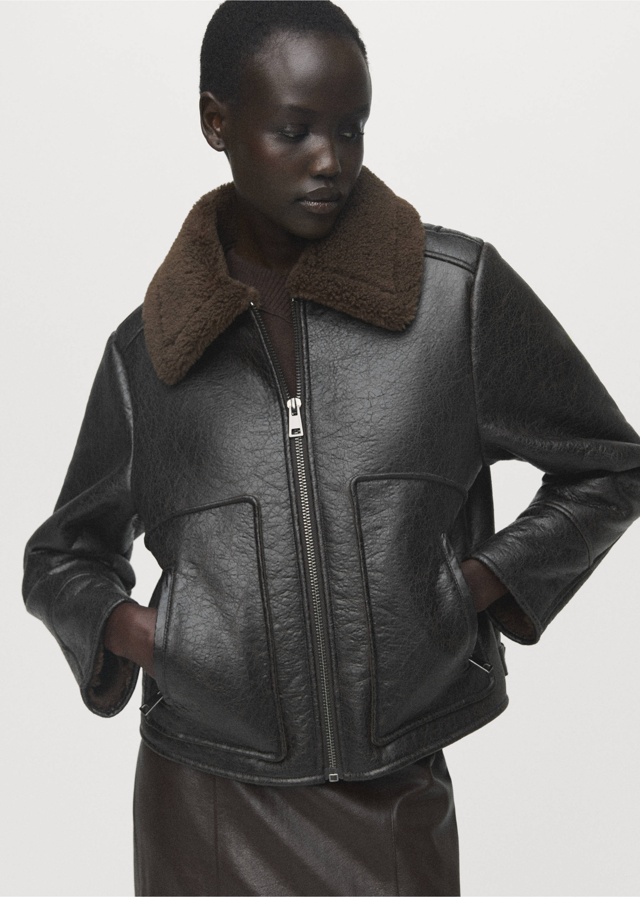 Faux-leather jacket with shearling collar - Medium plane, Black. Ref: 17078268-00.