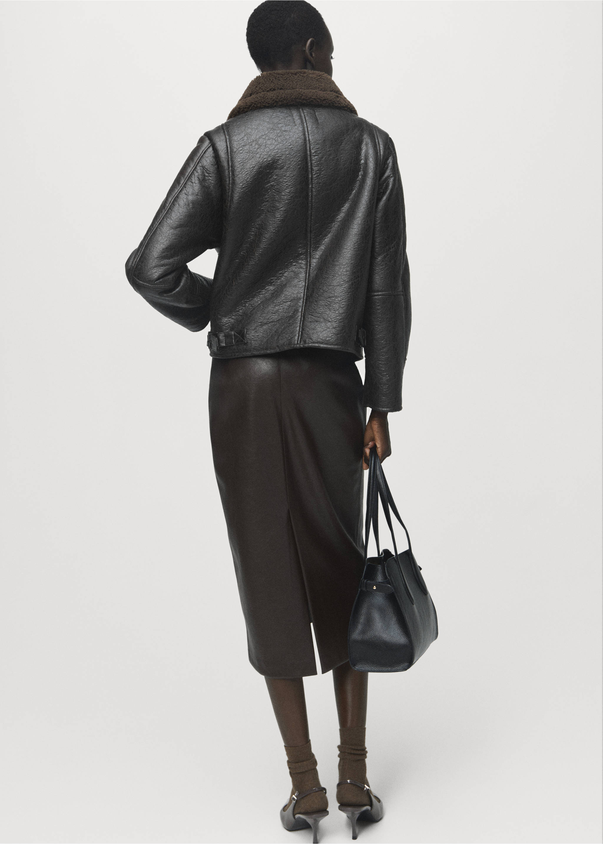 Faux-leather jacket with shearling collar - Reverse of the article, Black. Ref: 17078268-00.