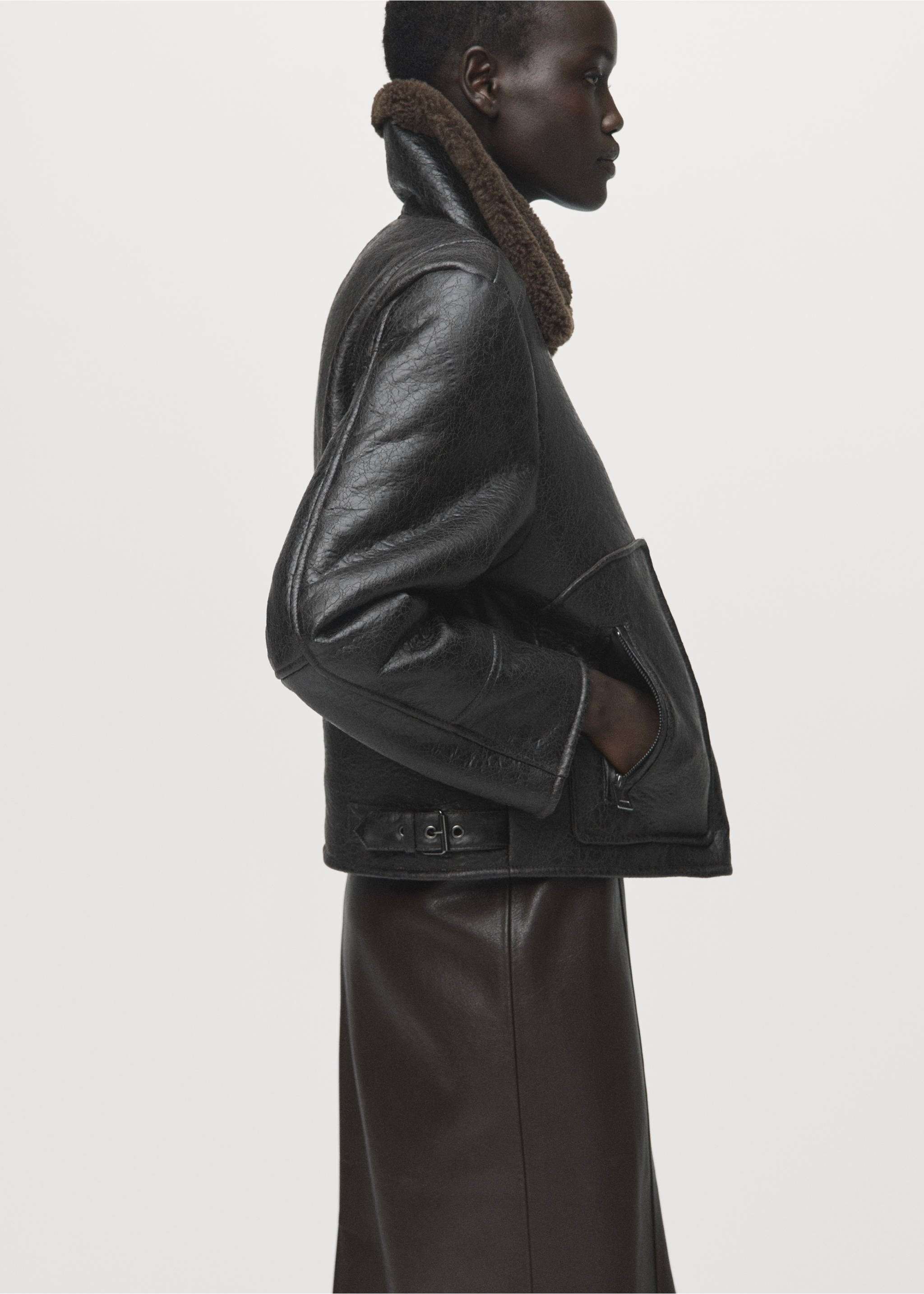 Faux-leather jacket with shearling collar - Details of the article 1, Black. Ref: 17078268-00.