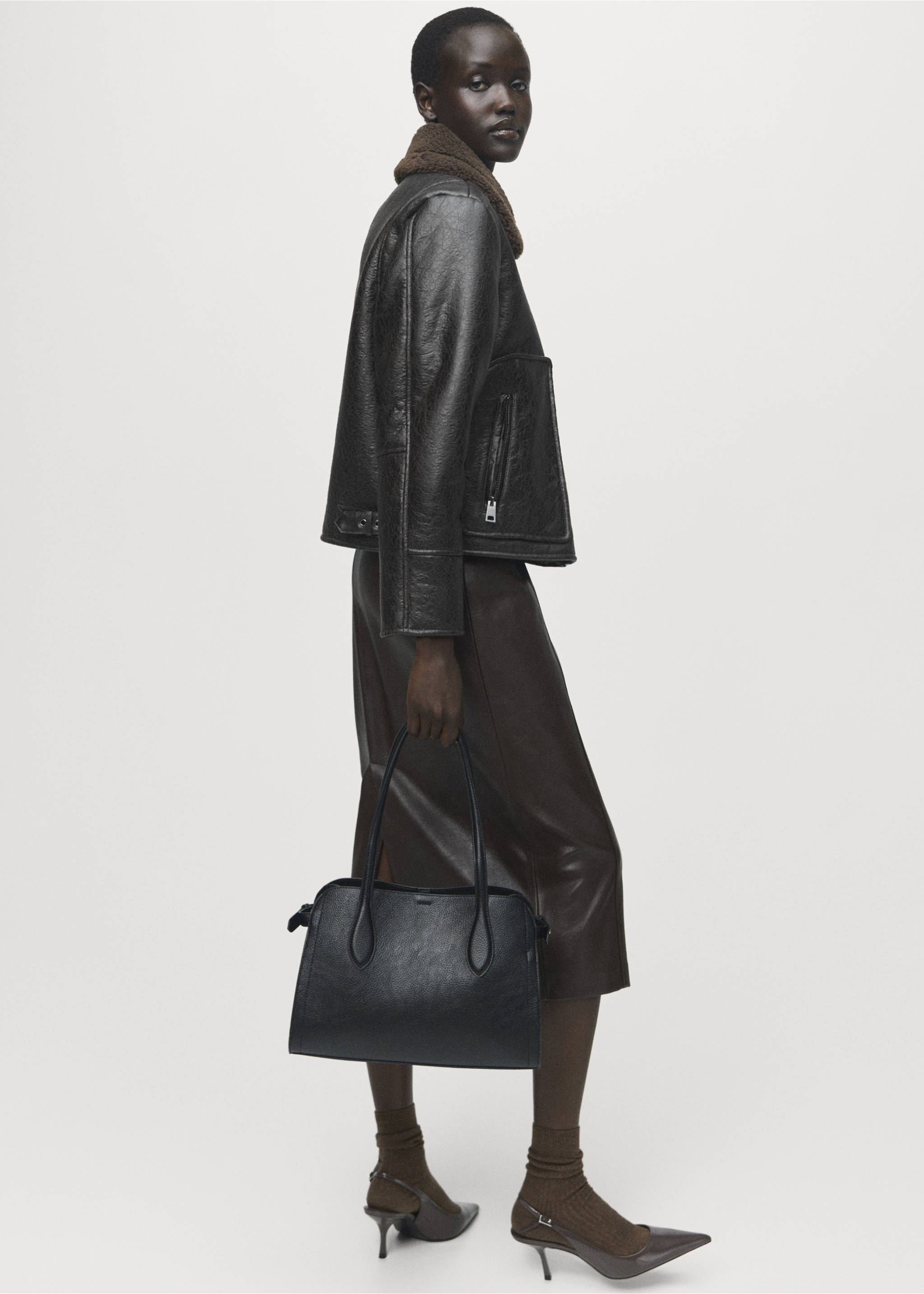 Faux-leather jacket with shearling collar - Details of the article 2, Black. Ref: 17078268-00.