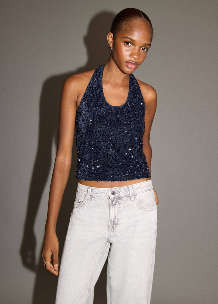Sequined halter top — Navy