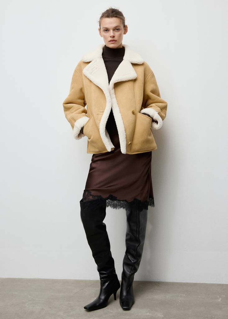 Suede-effect jacket with shearling collar — Medium Brown