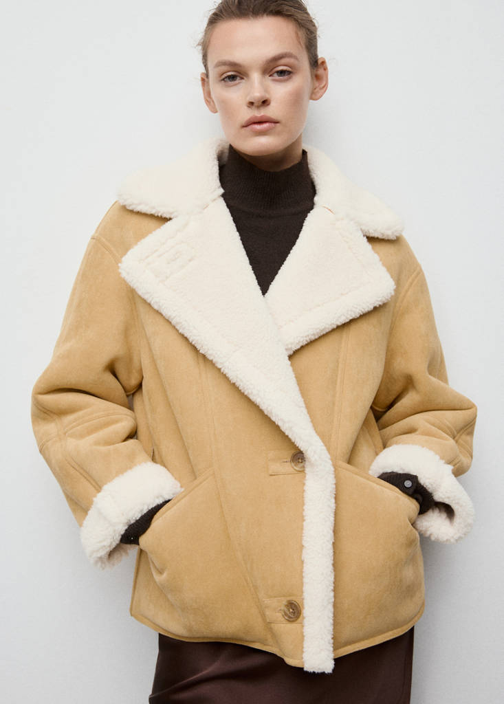 Suede-effect jacket with shearling collar — Medium Brown