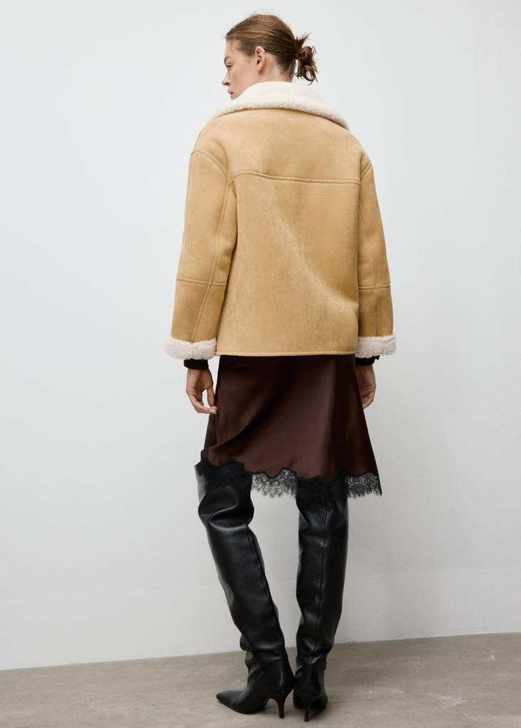 Suede-effect jacket with shearling collar — Medium Brown
