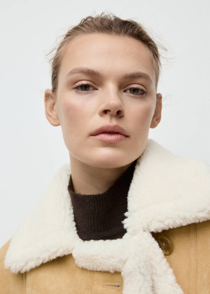 Suede-effect jacket with shearling collar — Medium Brown