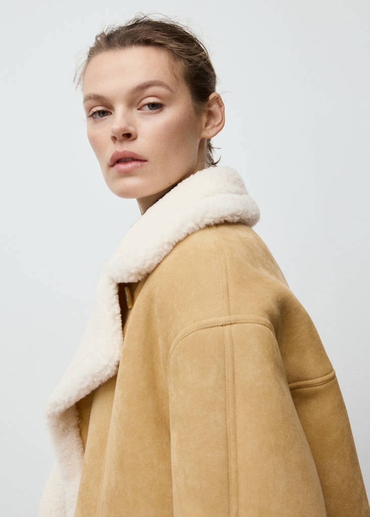 Suede-effect jacket with shearling collar — Medium Brown