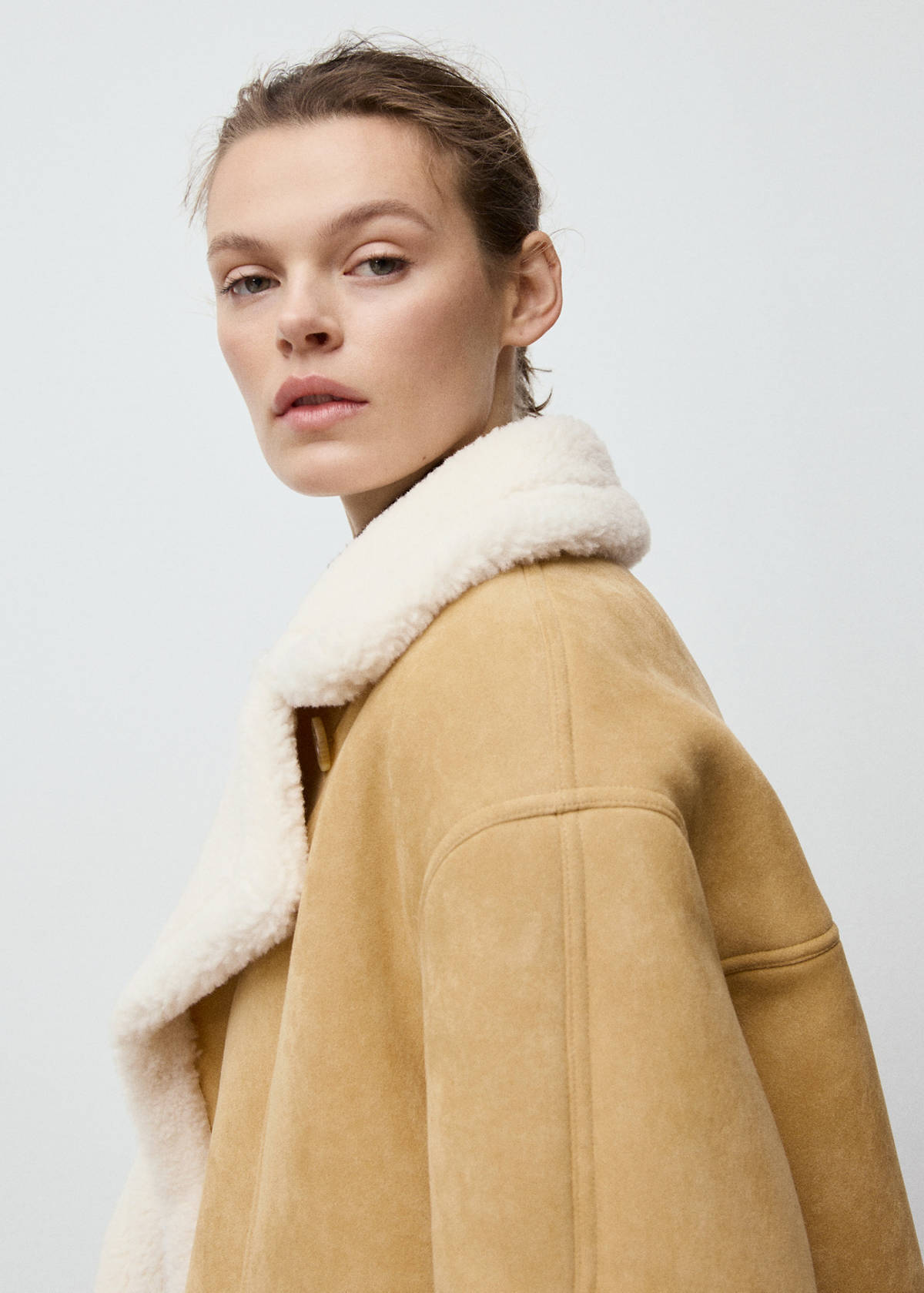 Suede-effect jacket with shearling collar — Medium Brown