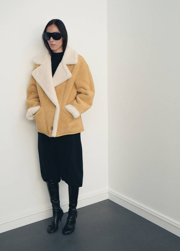 Suede-effect jacket with shearling collar — Medium Brown