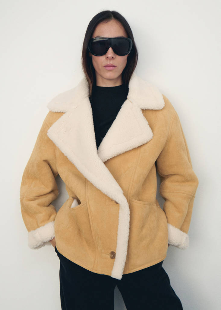 Suede-effect jacket with shearling collar — Medium Brown