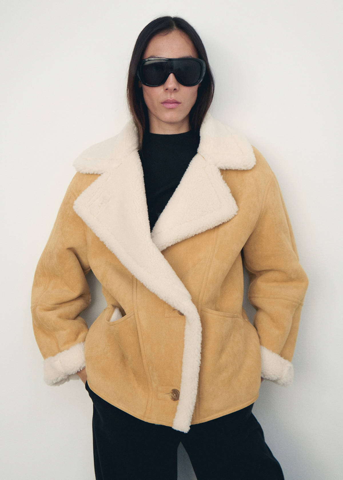 Suede-effect jacket with shearling collar — Medium Brown