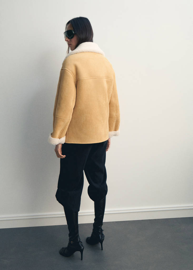 Suede-effect jacket with shearling collar — Medium Brown