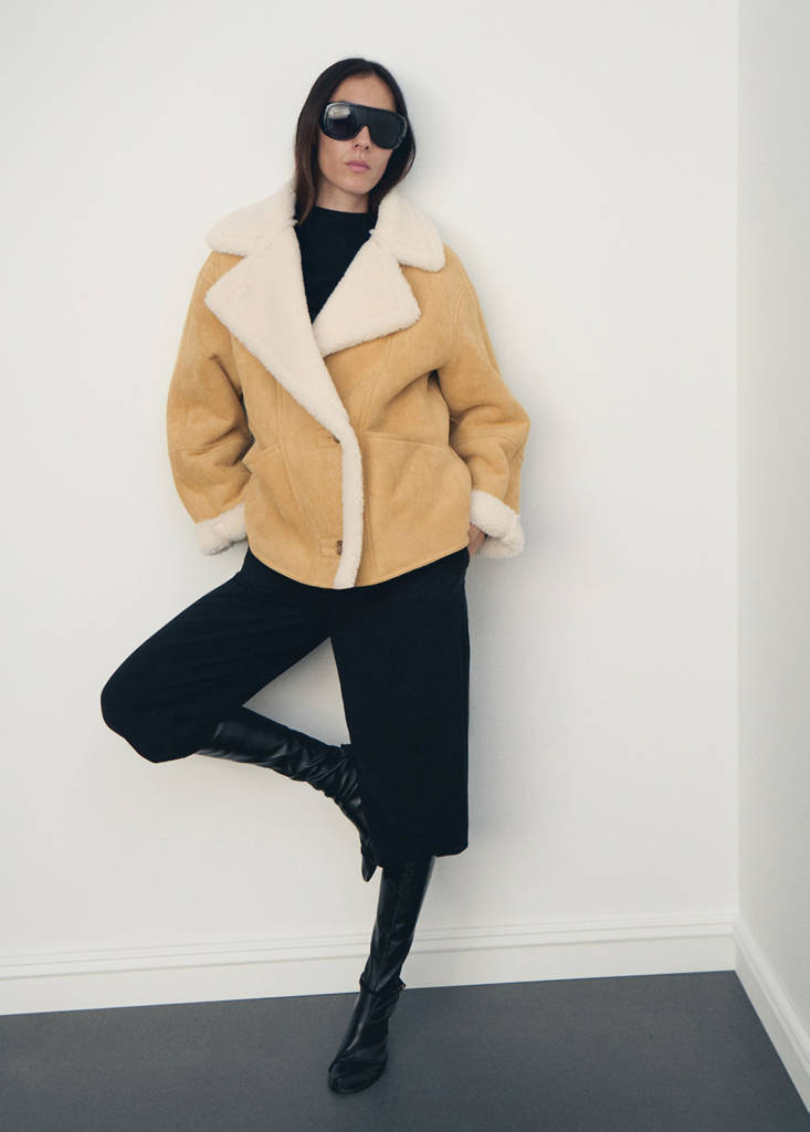 Suede-effect jacket with shearling collar — Medium Brown