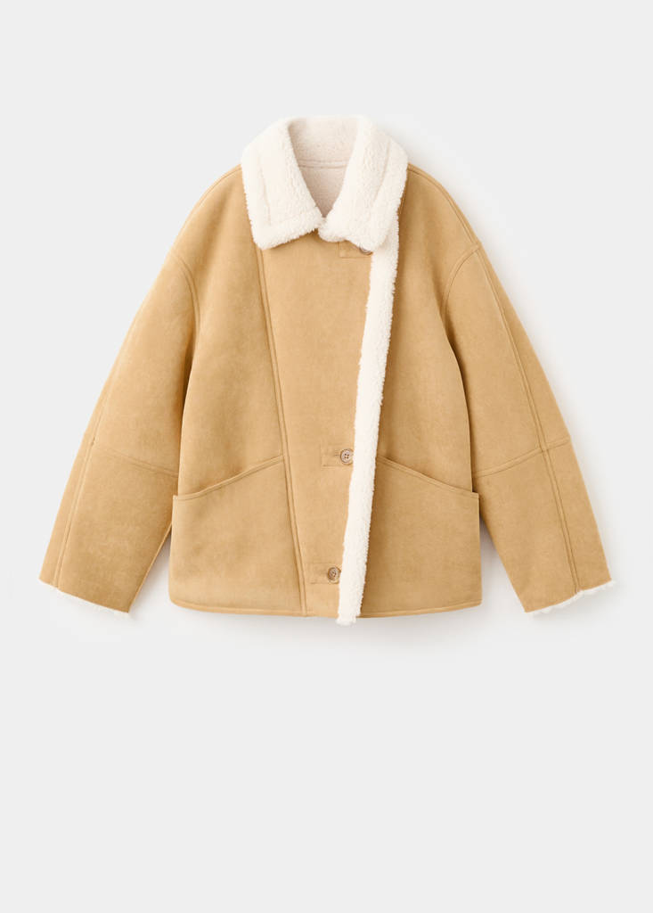 Suede-effect jacket with shearling collar — Medium Brown