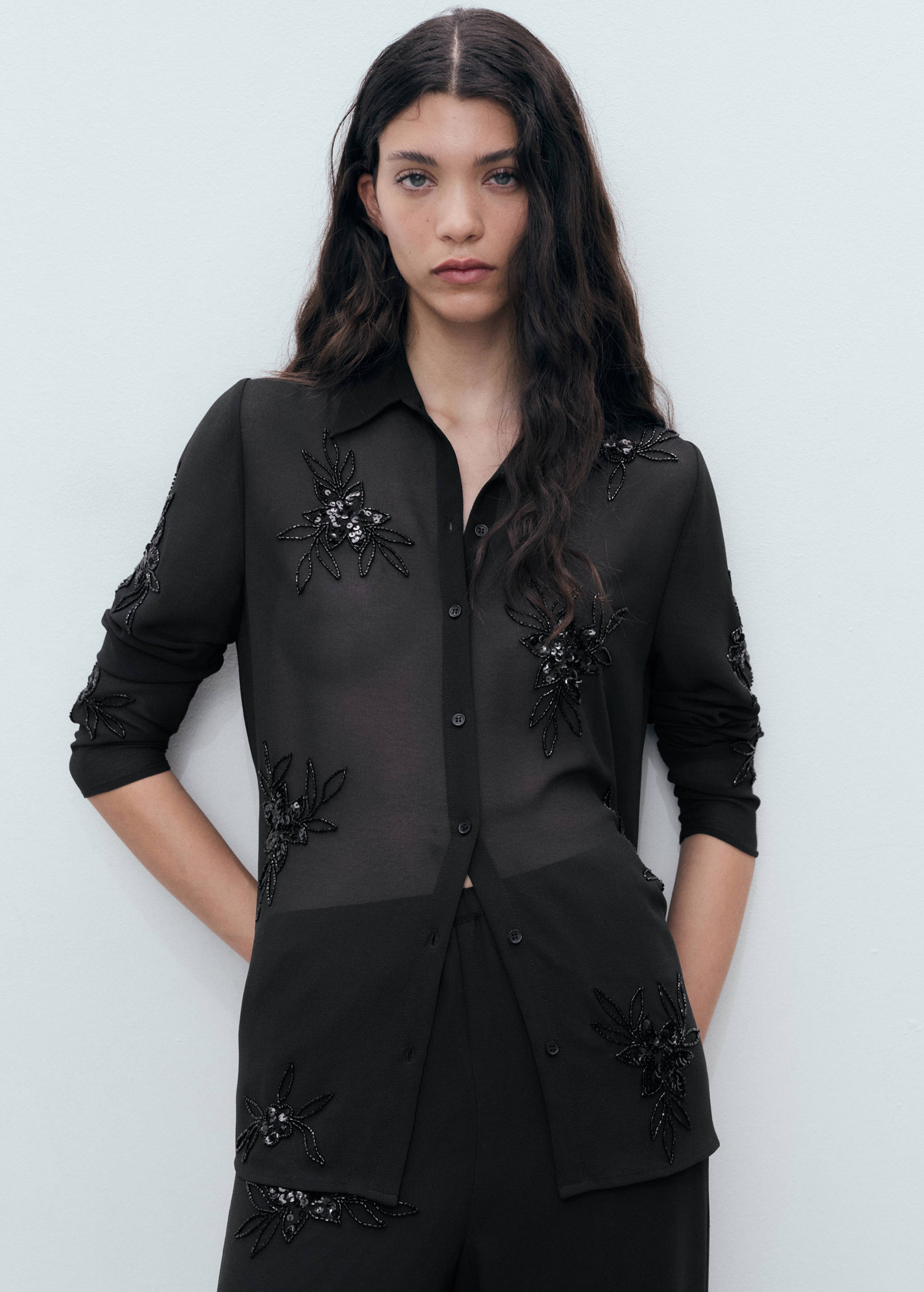 Semi-transparent shirt with rhinestone embroidery - Medium plane