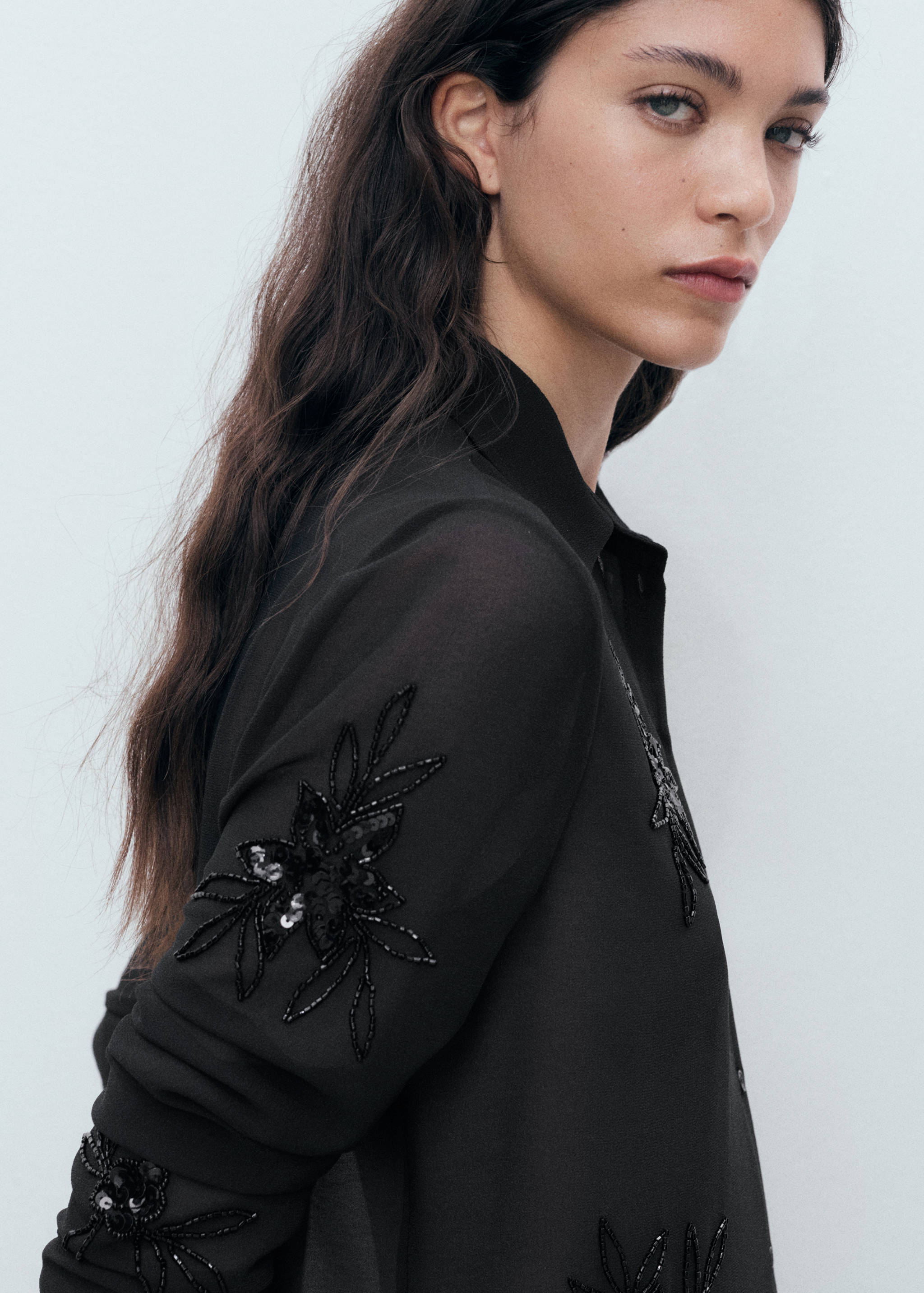 Semi-transparent shirt with rhinestone embroidery - Details of the article 1