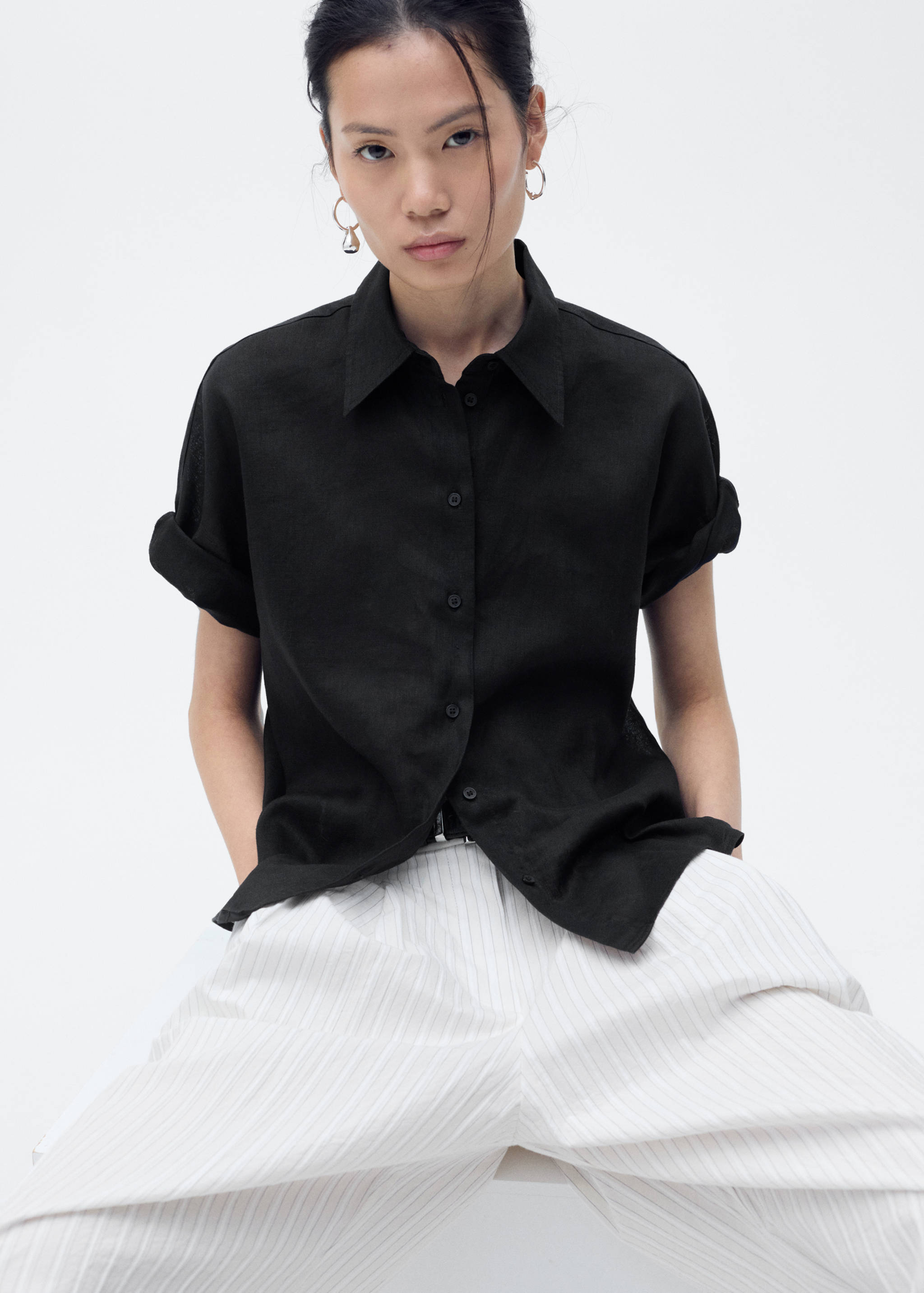 Short sleeve linen-blend shirt - Medium plane