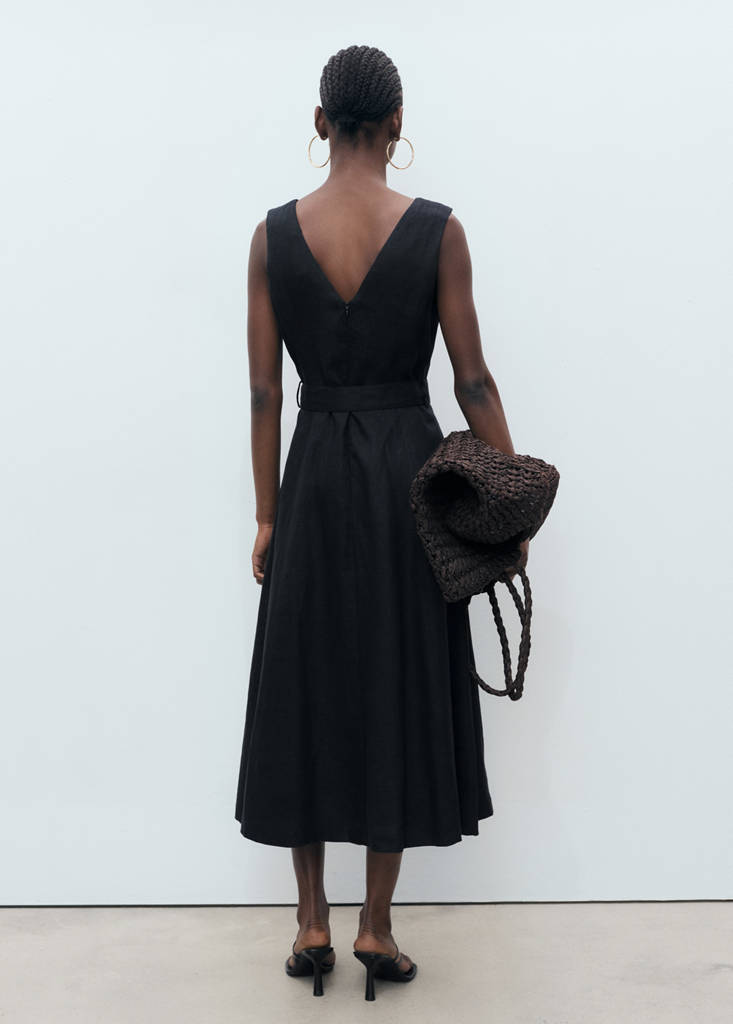 Flared linen dress with belt — Black