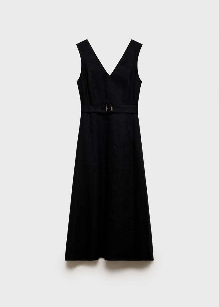 Flared linen dress with belt — Black
