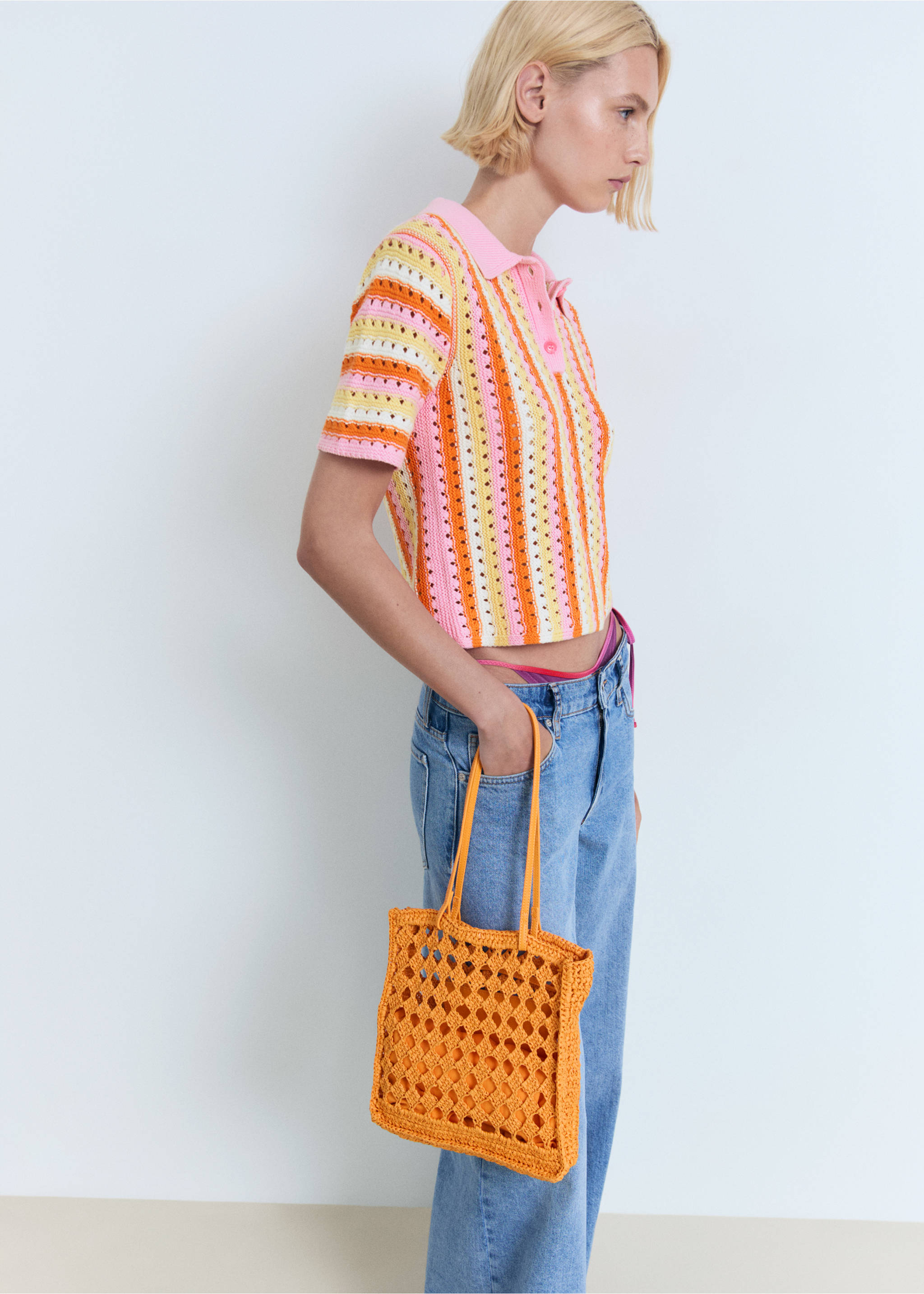 Two-tone striped crochet sweater - Details of the article 2, Pink. Ref: 17081183-00.