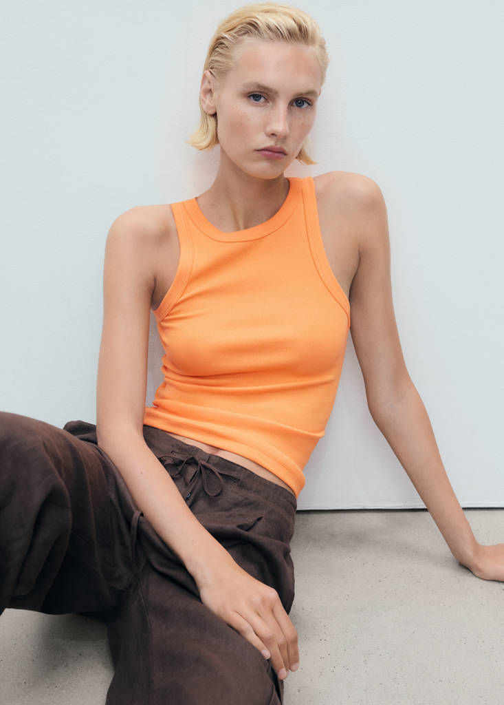 Ribbed cotton-blend top — Pastel Orange