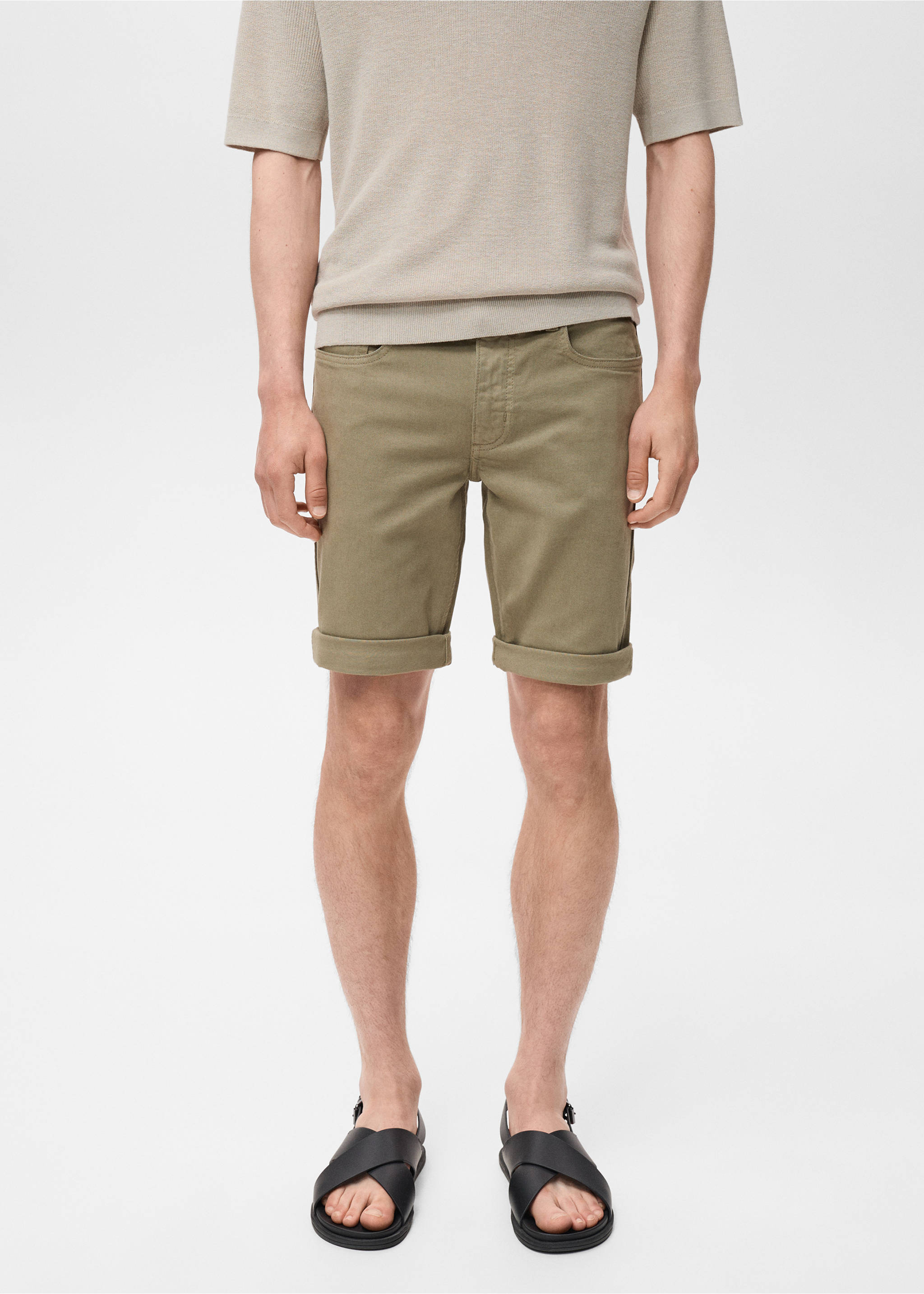 Slim-fit denim bermuda shorts - Details of the article 3, Khaki. Ref: 17081220-00.