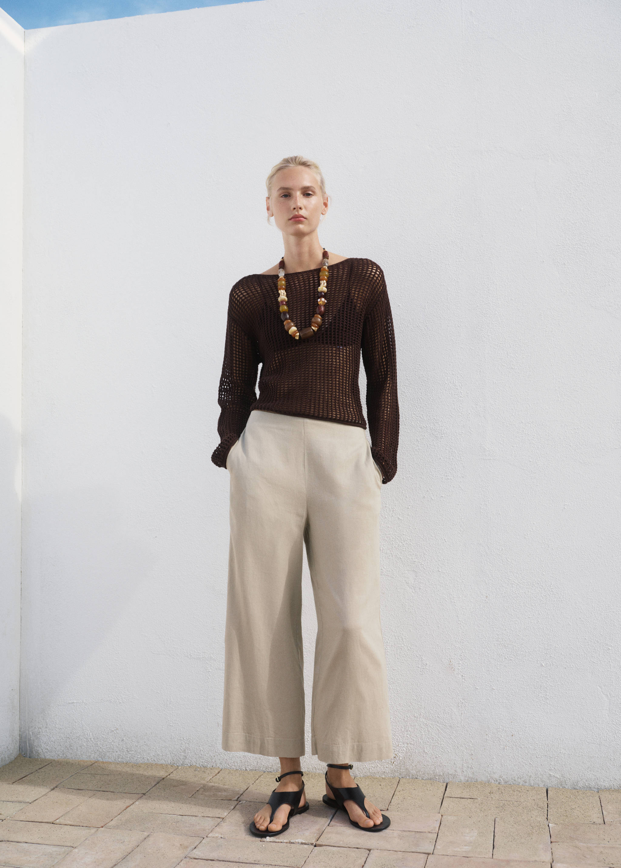 Cropped linen-blend trousers - General plane