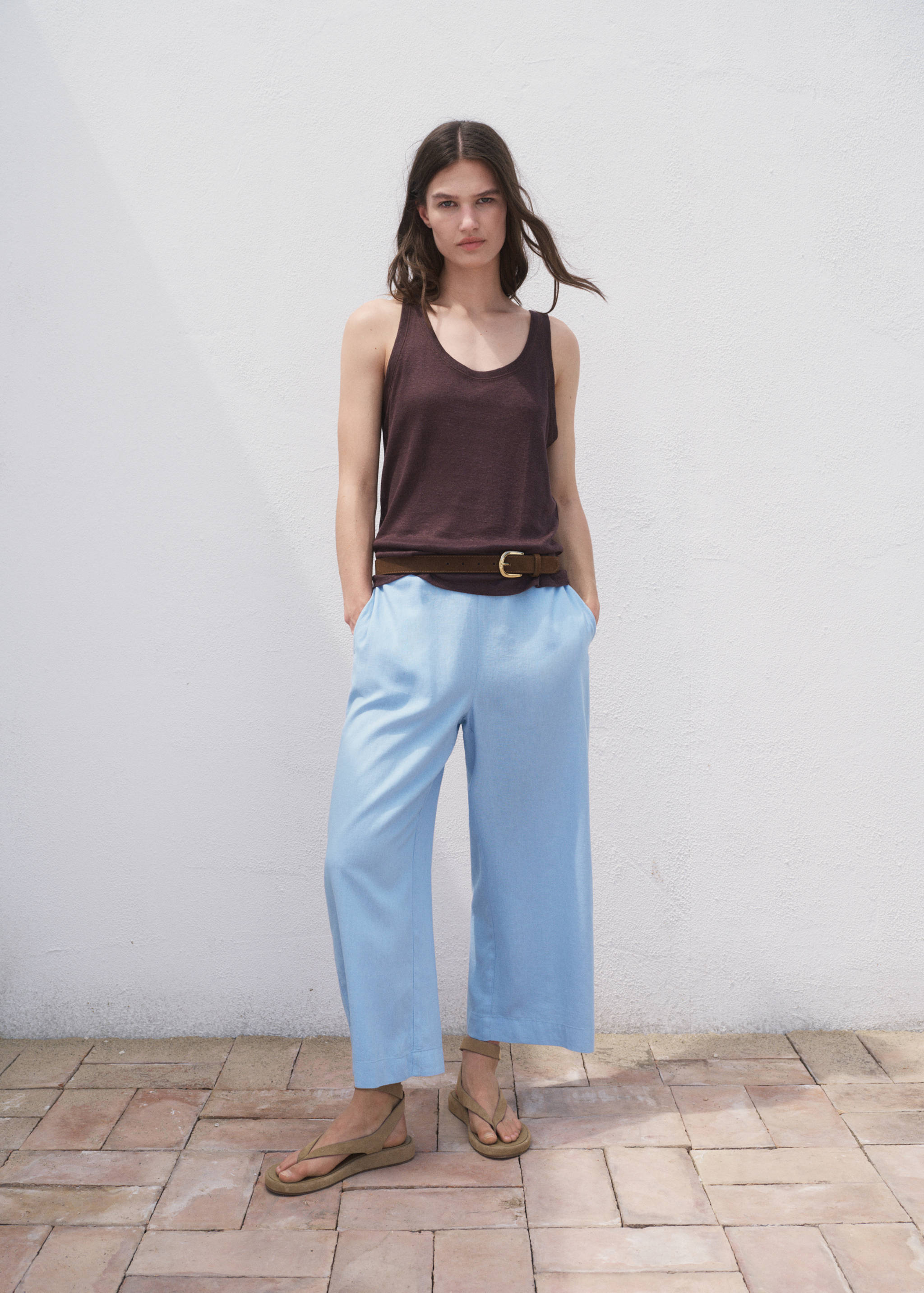 Cropped linen-blend trousers - General plane