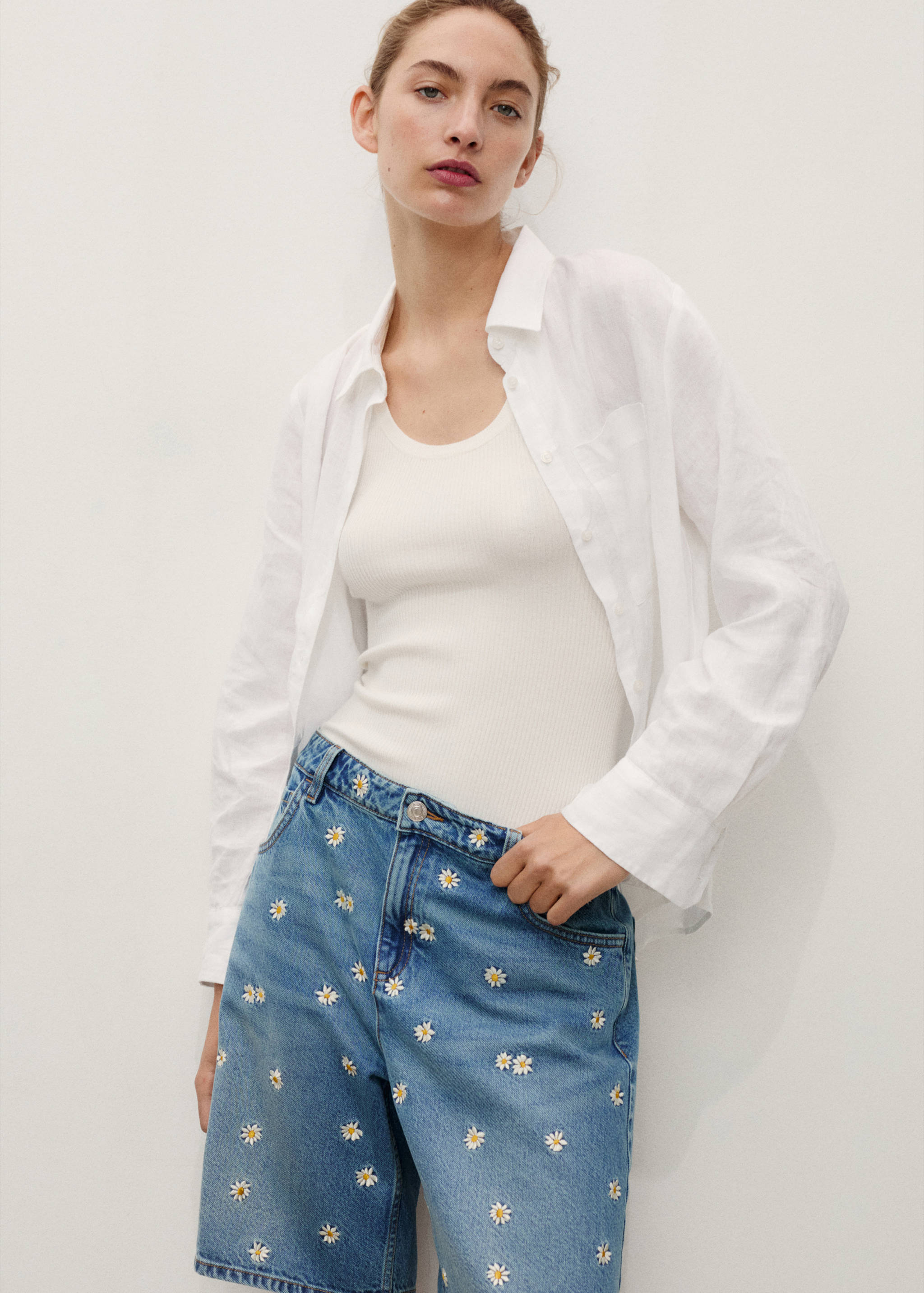 Floral-embroidered denim bermuda shorts - Medium plane