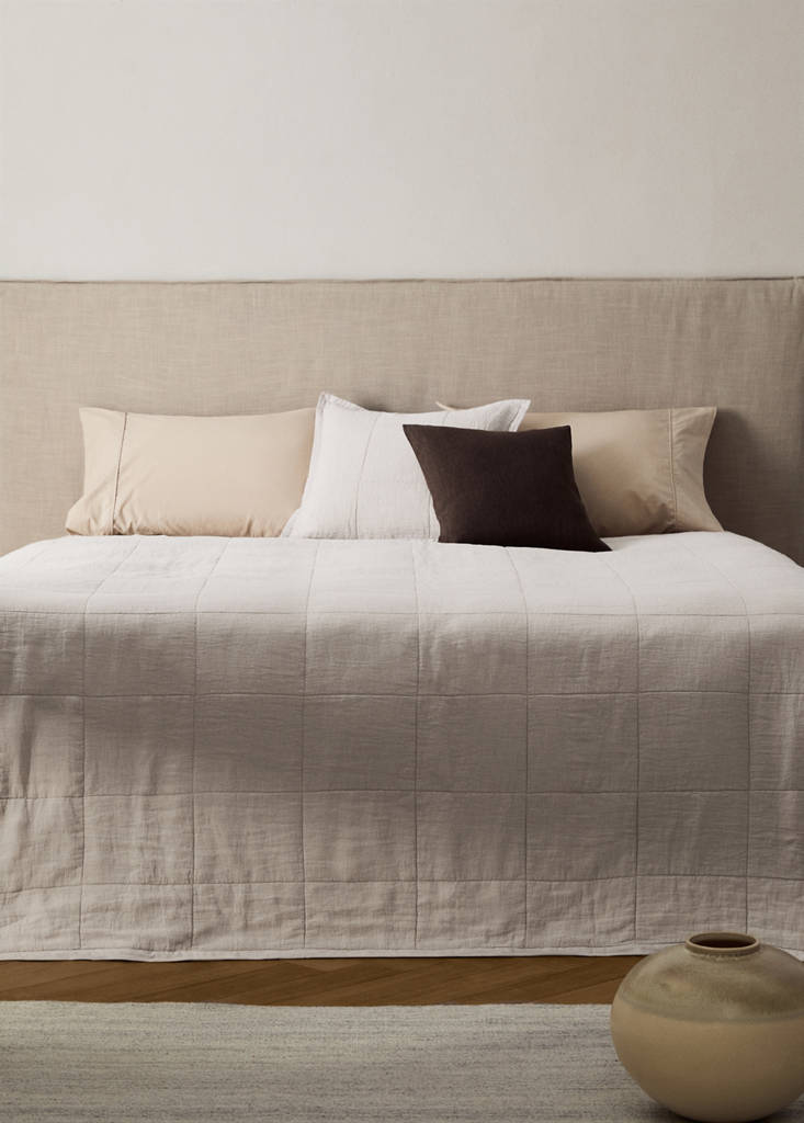 MANGO HOME - Couette lin lavé carreaux lit 130/150 cm sable - Lit 130/140/150 cm