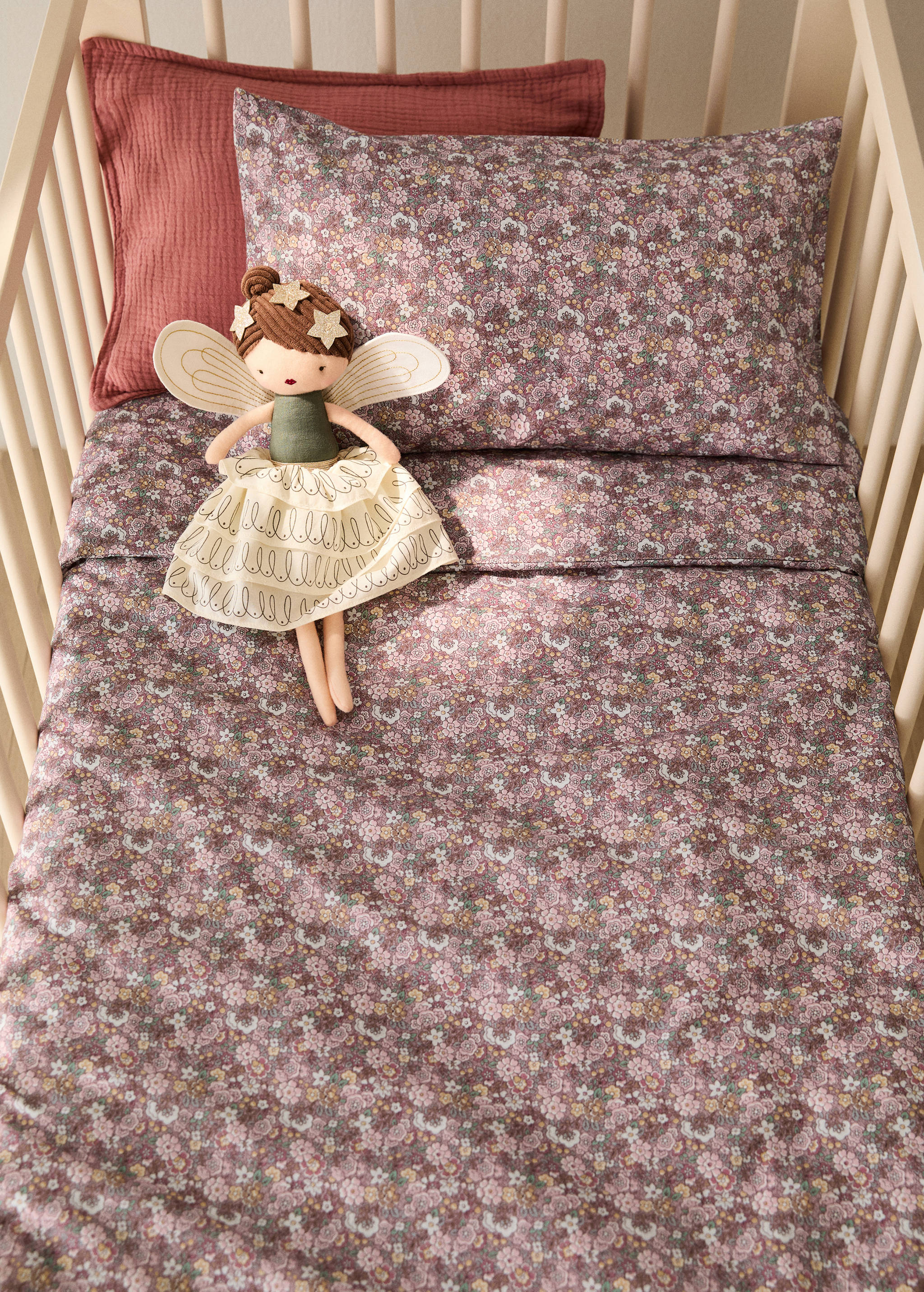 Percale cotton duvet cover with small floral print for cot - General plane