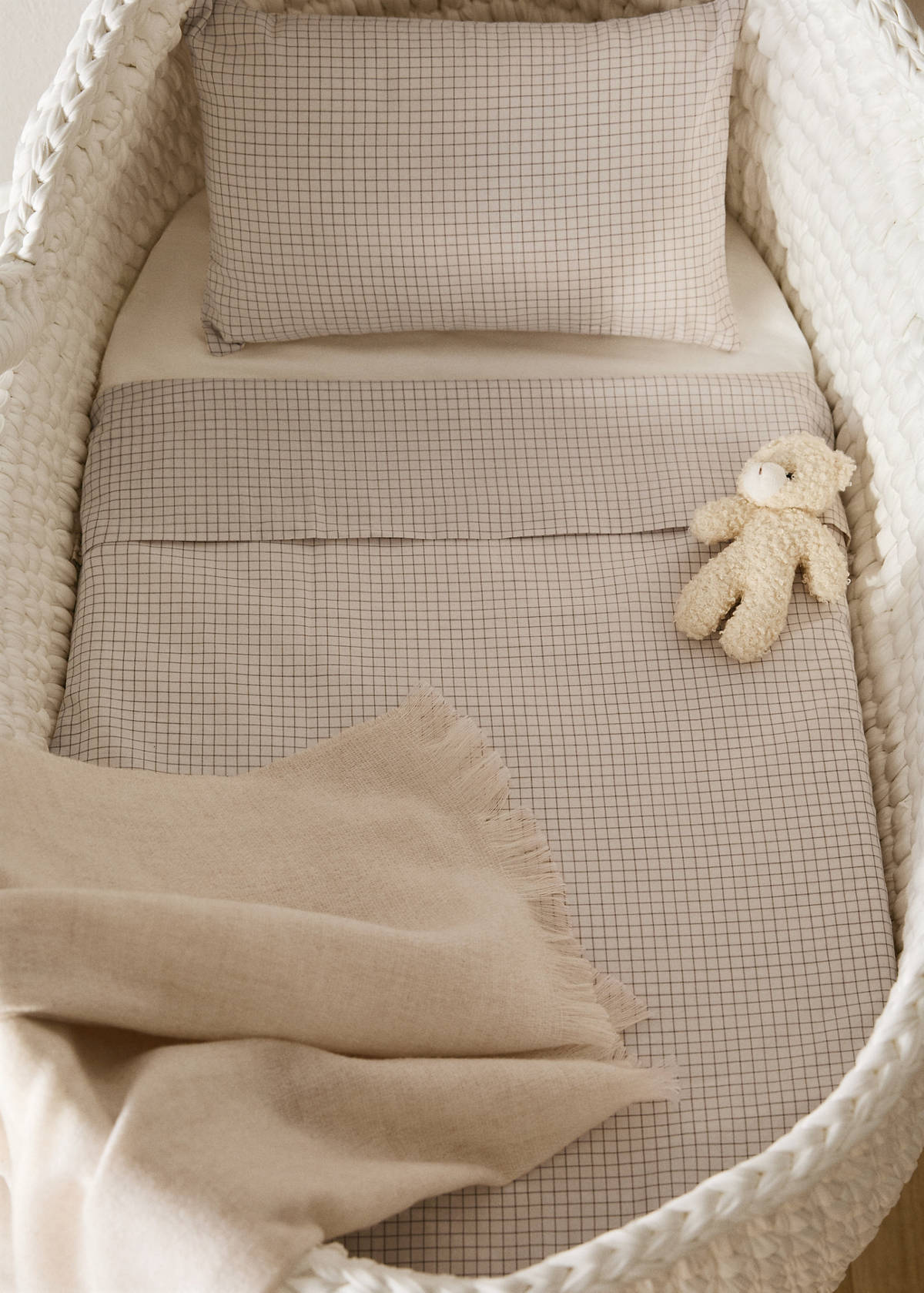 Cotton mini-check bed sheet and pillow set for cot — Ecru
