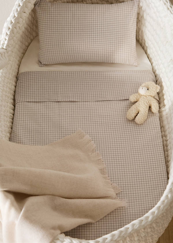 Cotton mini-check bed sheet and pillow set for cot — Ecru