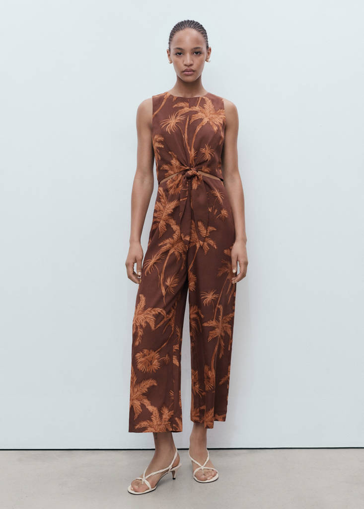 Lyocell jumpsuit with cut-out and knot detail — Brown