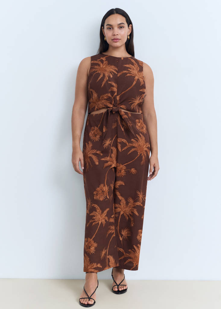 Lyocell jumpsuit with cut-out and knot detail — Brown