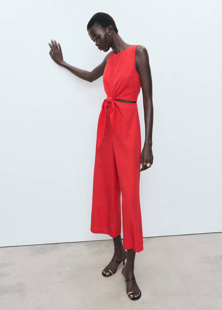 Lyocell jumpsuit with cut-out and knot detail — Red