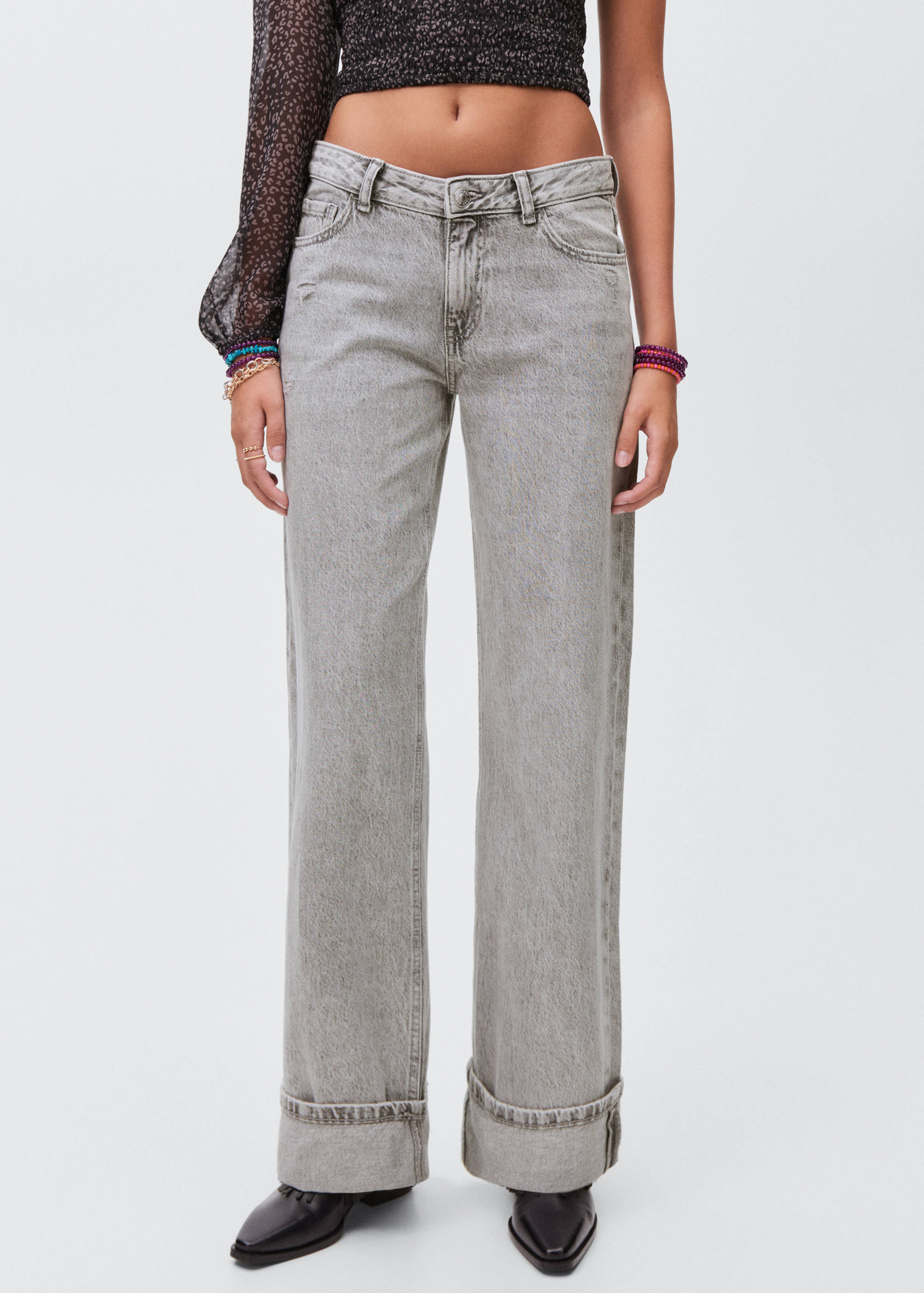 Wide leg jeans with turned-up hem - Medium plane