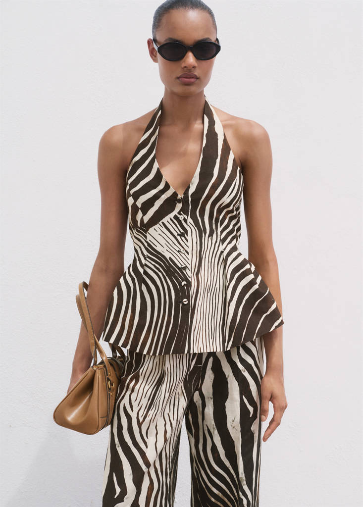 Zebra-print linen waistcoat — Chocolate