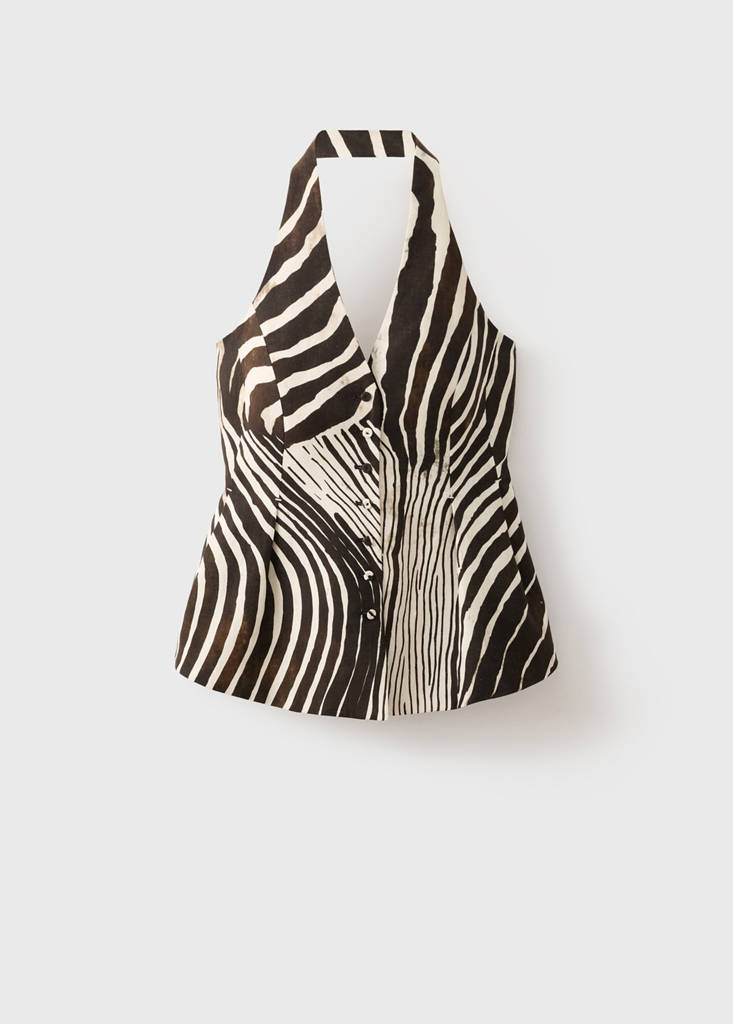 Zebra-print linen waistcoat — Chocolate