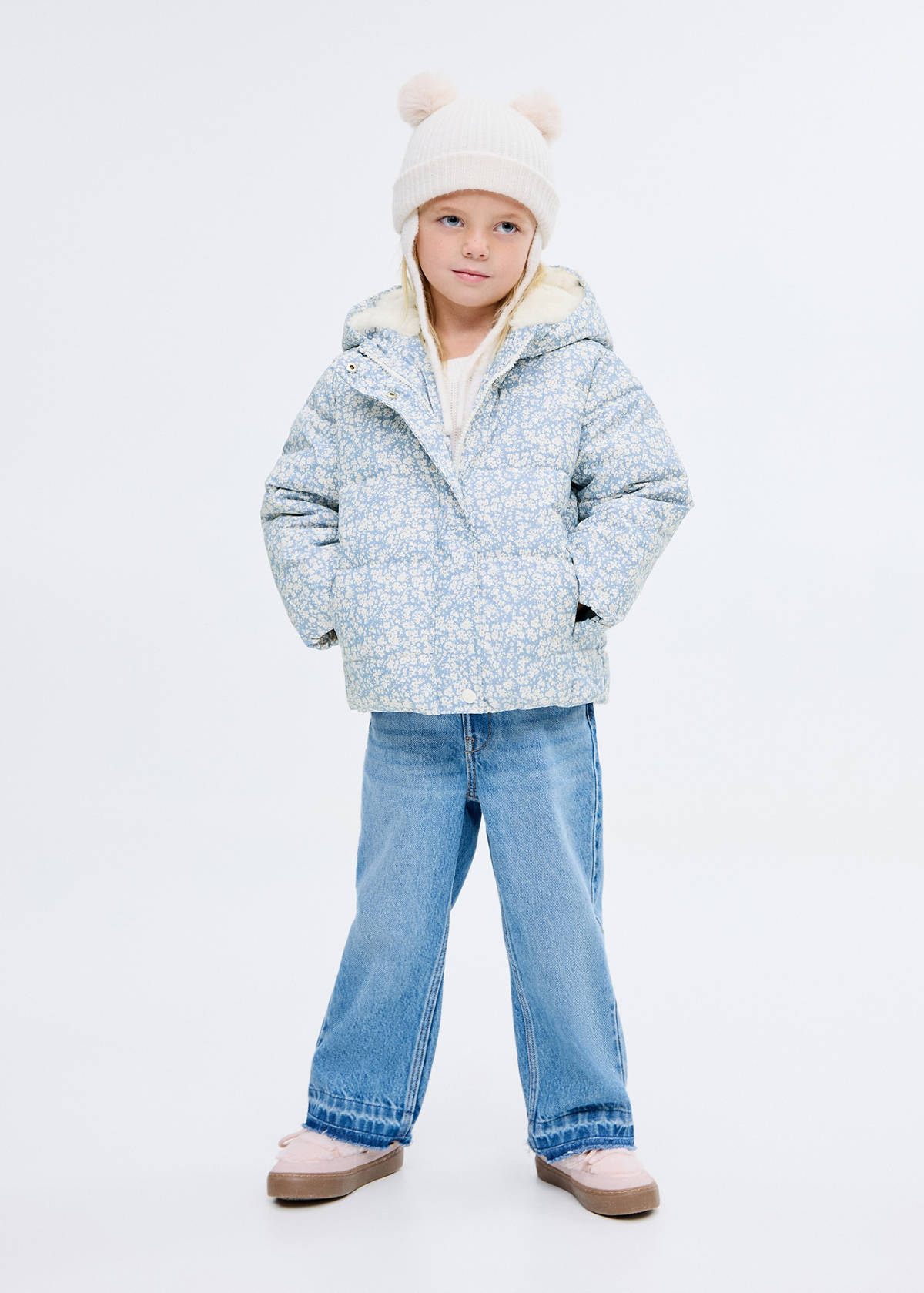 Fur-effect floral-print anorak — Sky Blue