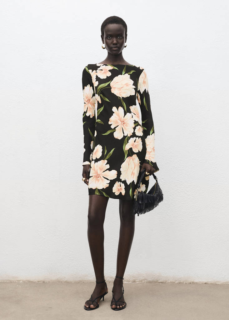 Floral-print dress with bell sleeves — Black